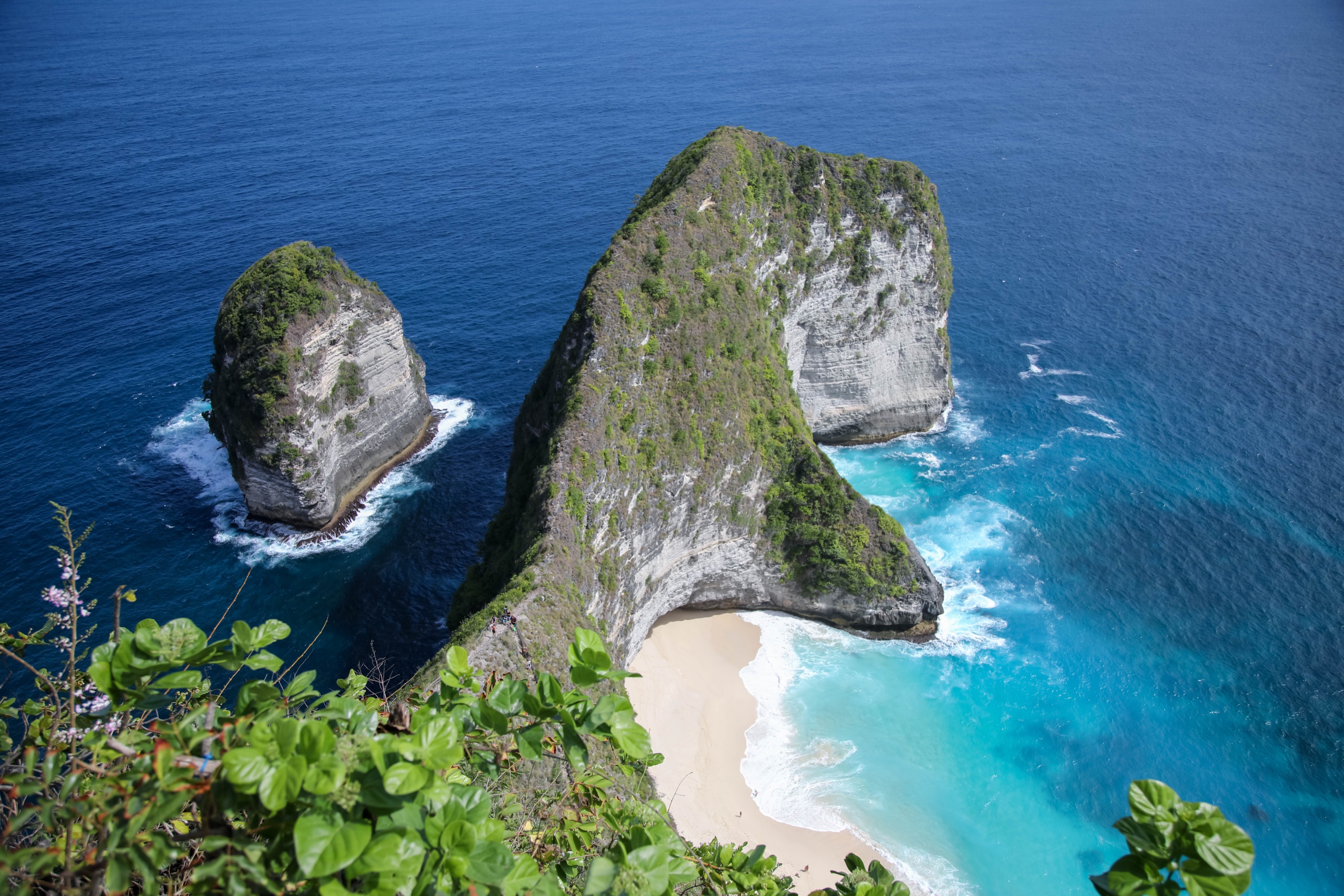 A breathtaking, high-angle panoramic view of Kelingking Beach on Nusa Penida, Bali, Indonesia, taken from the cliff-top viewpoint on a sunny day. The iconic T-Rex-shaped headland, covered in lush green vegetation, juts out into the ocean, its steep, rocky spine descending dramatically to the left. At the base of the cliffs, a pristine, secluded white sand beach is nestled in a cove, lapped by incredibly vibrant turquoise waves breaking into white foam.