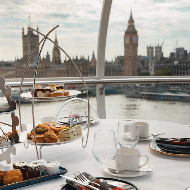 Relax with delicate sandwiches and sweets as London’s skyline glitters in the afternoon light