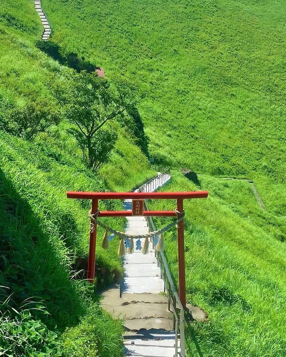 翠綠的山上佇立的紅色鳥居,彷彿置身於另一個世界。 翠綠的山上佇立的紅色鳥居,彷彿置身於另一個世界。