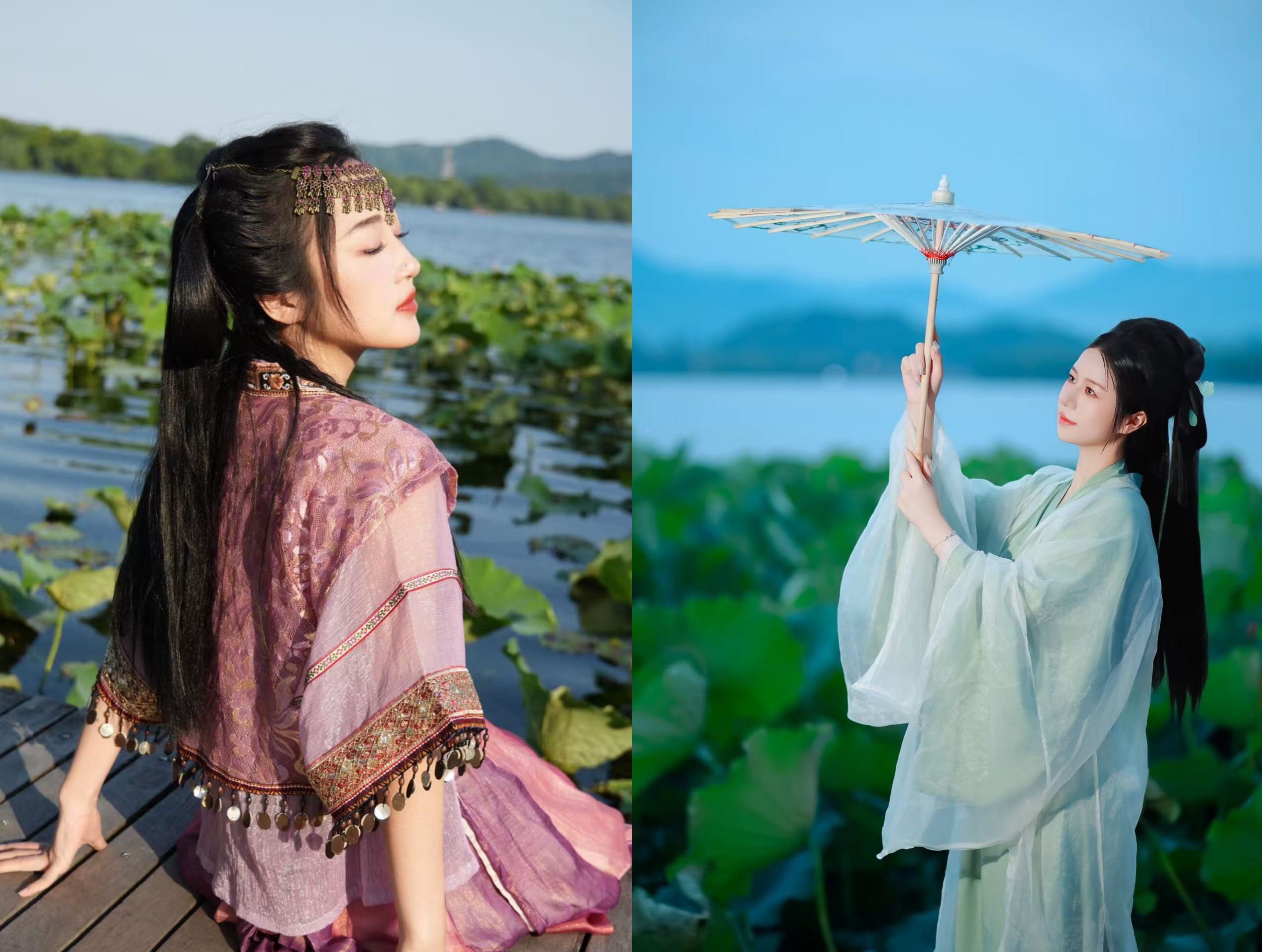 西湖周邊的山水、亭臺樓閣等景緻都充滿了古典韻味，能和漢服完美融合