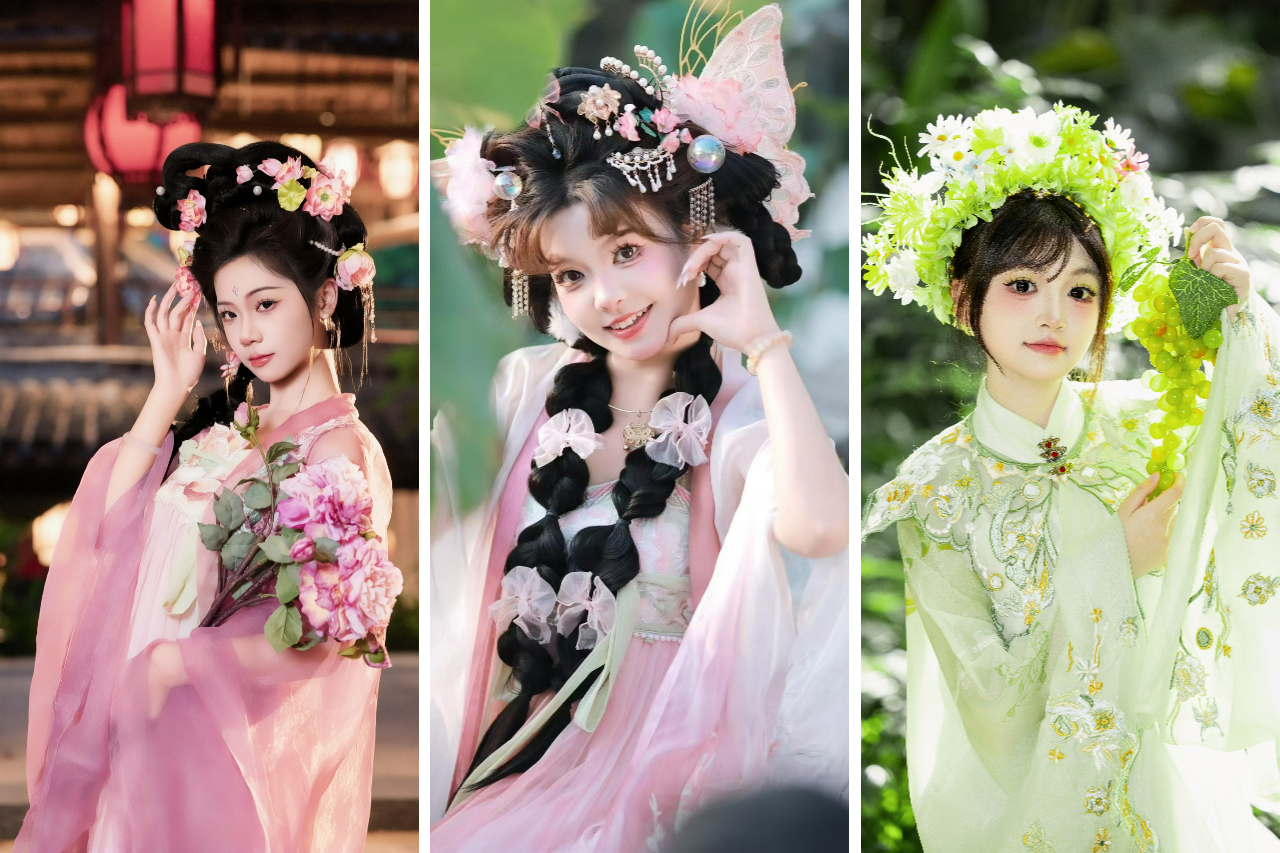 髮髻插繁花，手持花束，雙麻花辮綴粉花、蝴蝶髮飾，造型甜美俏皮，頭戴花環，手持綠葡萄，服飾有精緻花紋，背景綠意盎然，呈現出清新自然、充滿生機的田園古風韻味