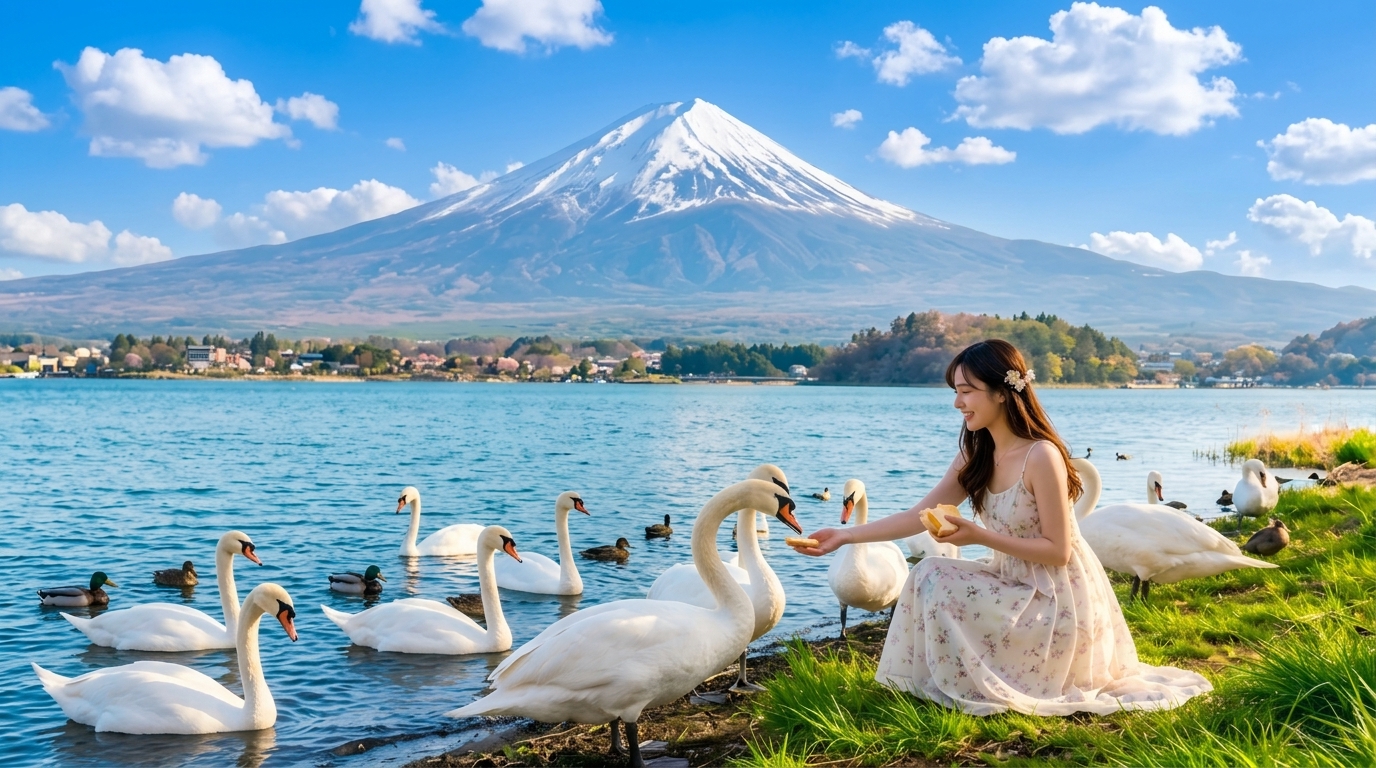 在富士五湖之一的山中湖邊，與白色天鵝親密接觸，湖水倒映著天空與山影，畫面溫柔動人。