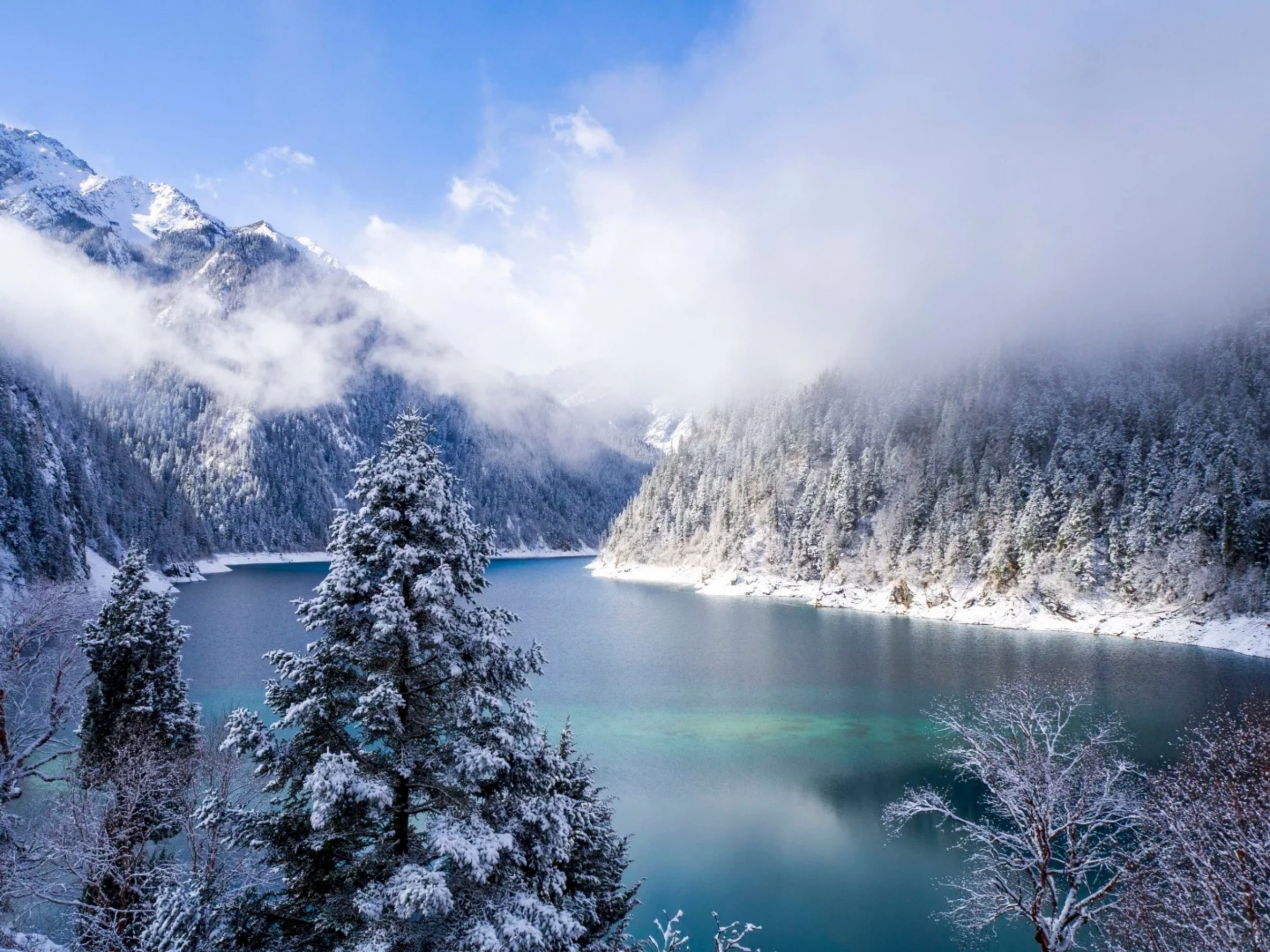 九寨溝長海冬景壯麗，雪山與茂密森林相映成趣，碧藍湖水倒映著山林，雲霧繚繞間盡顯靜謐之美
