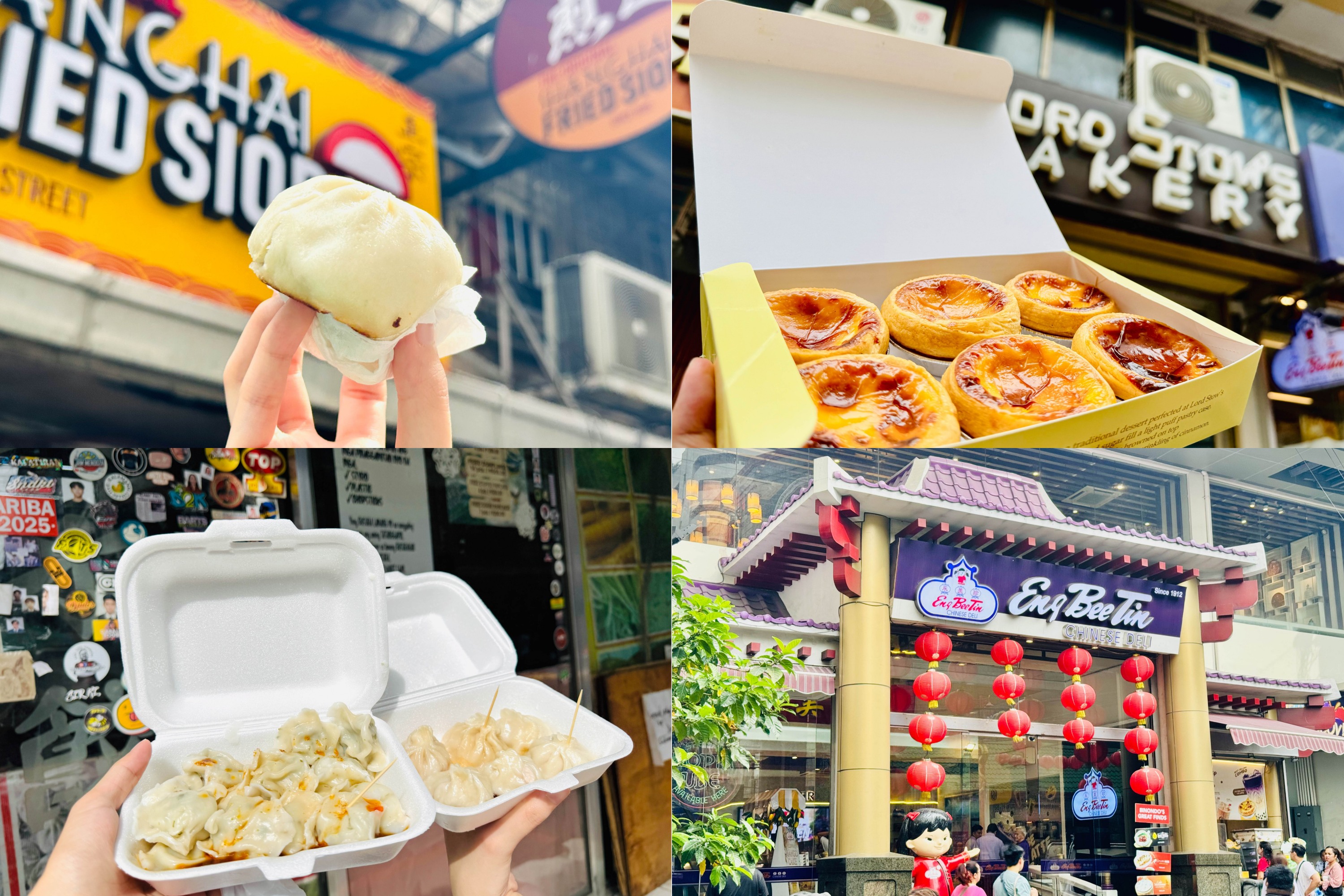 品嚐來自 Shanghai Fried Siopao (上海好味道)、Lord Stow's、Dong Bei Dumplings (東北餃子館) 及 Eng Bee Tin (義美馨) 等岷倫洛 (Binondo) 的經典美味