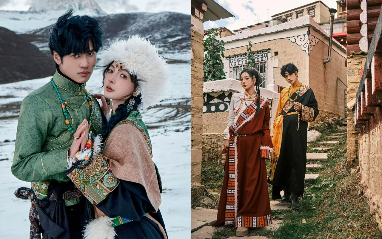 身著藏式服飾的男女，左側在雪山背景，右側於藏式建築旁