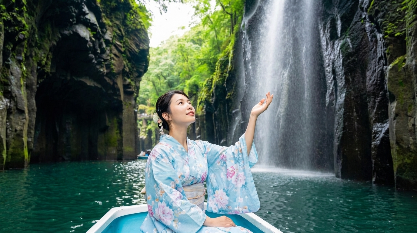 在高千穗峽谷划船時體驗峽谷精華的最佳方式。可從最近距離仰望真名井瀑布與斷崖,感受大自然的震撼力 在高千穗峽谷划船時體驗峽谷精華的最佳方式。可從最近距離仰望真名井瀑布與斷崖,感受大自然的震撼力