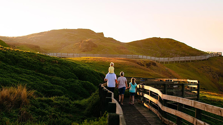 Walking the boardwalk at the Nobbies lookout
