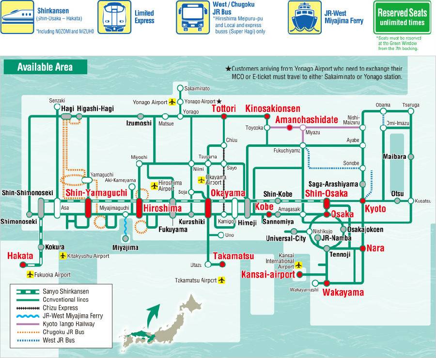 Sanyo-San'in Area pass is valid for unlimited travel in the valid area on the map