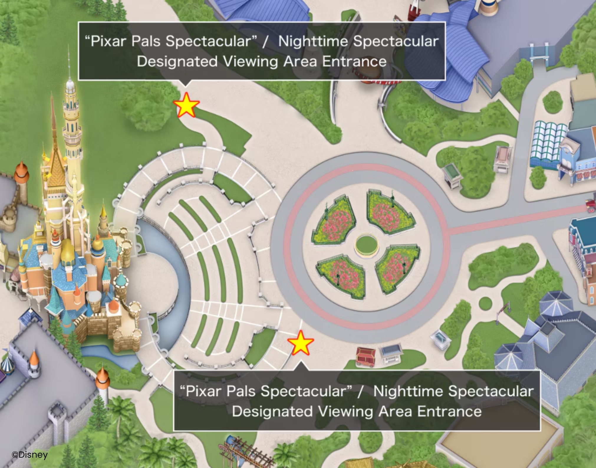 Designated viewing area entrance for "Pixar Pals Spectacular" & "Momentous" nighttime spectacular