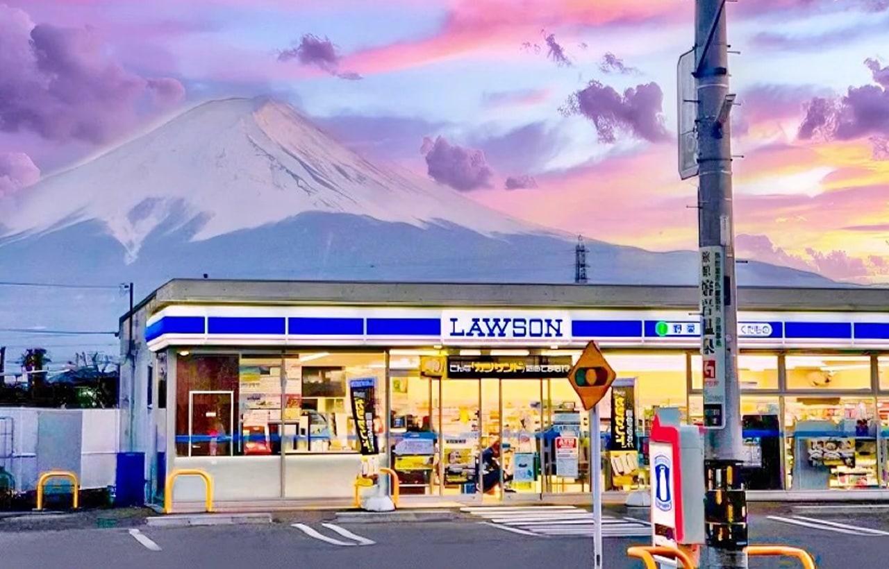 河口湖的網紅旅拍聖地📸，這家羅森便利店因正對富士山的獨特街景而聞名🌁。遊客常在對街架起相機，捕捉便利店招牌與富士山同框的經典畫面🗻。雖然拍照需注意交通安全🚦，但這處充滿生活氣息的機位完美融合了日常與絕景🌟，成為社交媒體上極具人氣的打卡點💫。