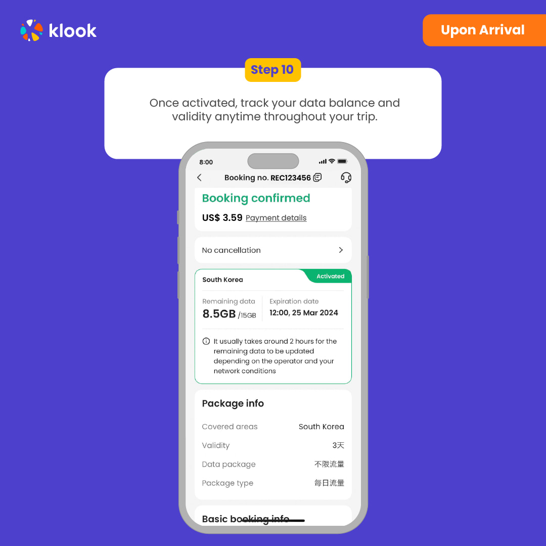 Проверьте статус eSIM в ваших бронированиях в приложении Klook (Обратитесь к нам в правом верхнем углу бронирования, если возникнут проблемы!)