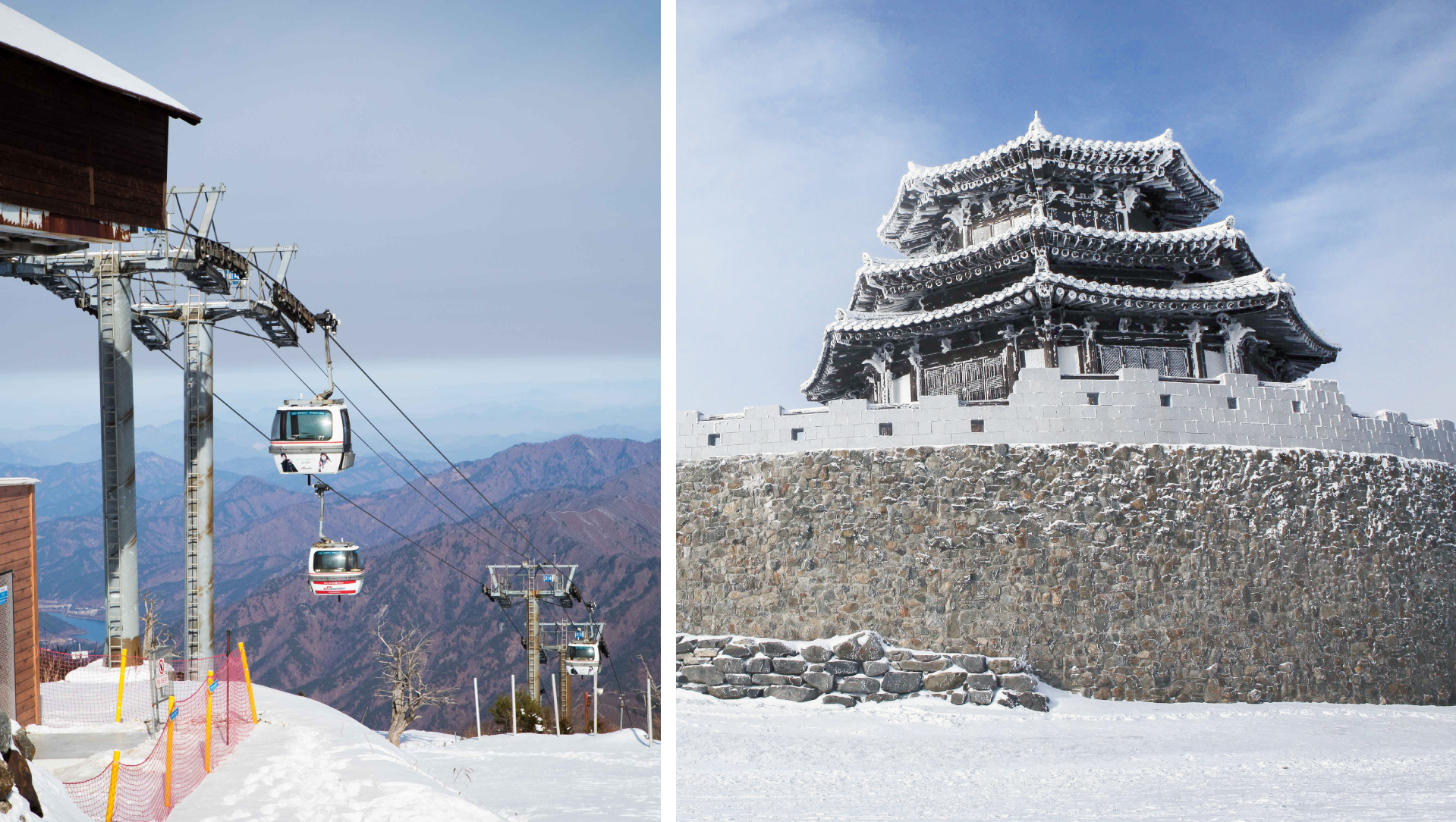 乘坐纜車，欣賞無盡的雪林和山脈的全景。