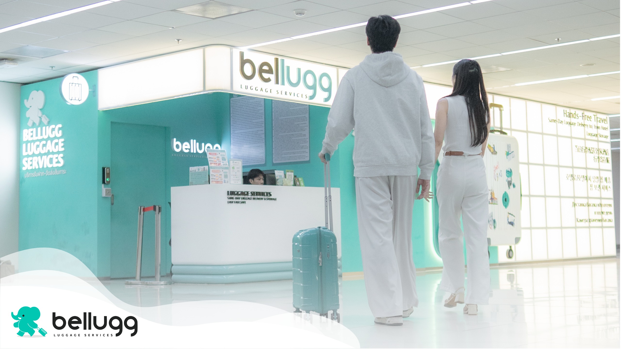 Bellugg工作人員在行李寄存櫃檯歡迎旅客——在曼谷素萬那普機場（BKK）和廊曼機場（DMK）提供友好專業的服務