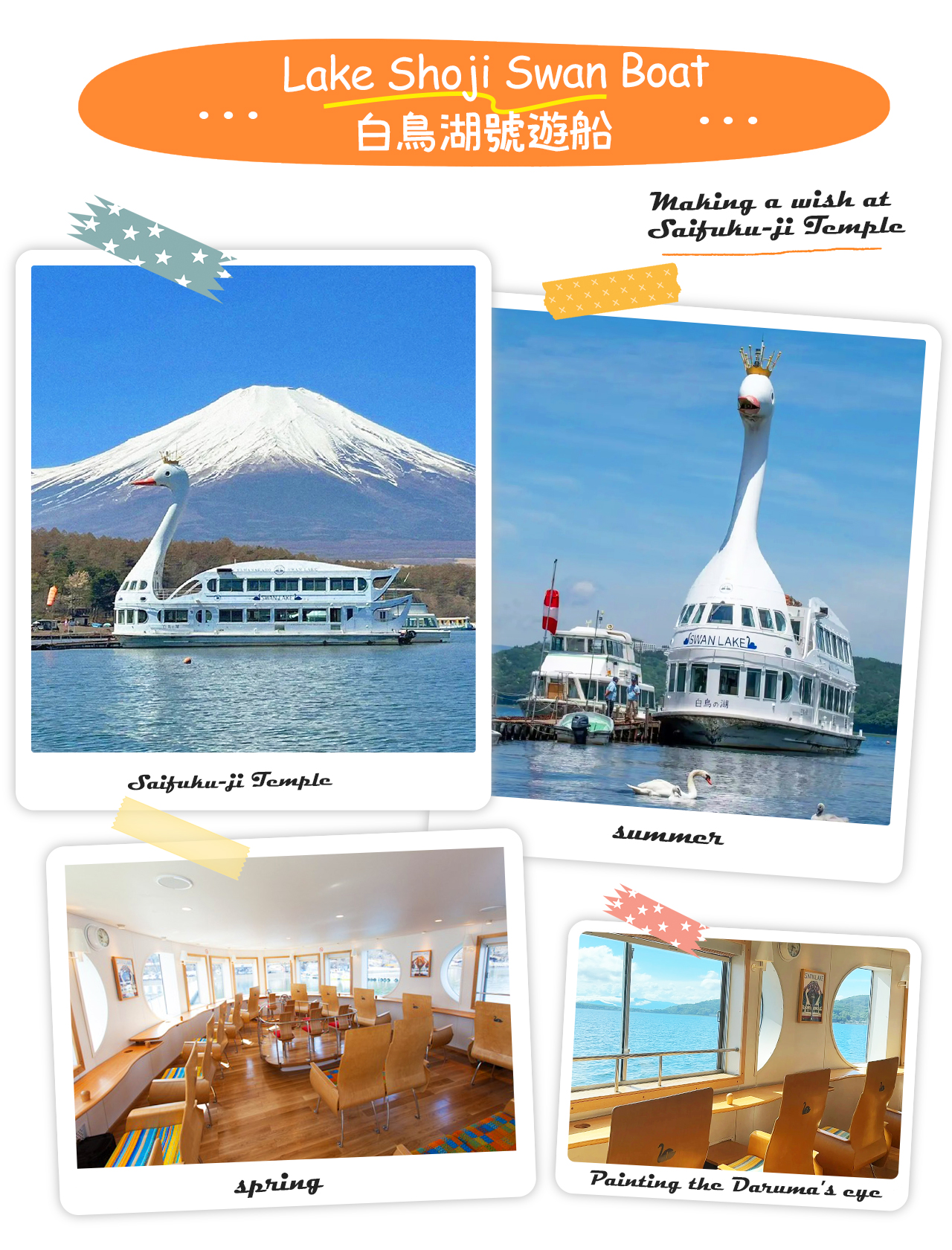 乘坐山中湖白鳥號遊船，可在波光粼粼的湖面上欣賞富士山倒影與天鵝嬉戲的浪漫景緻。