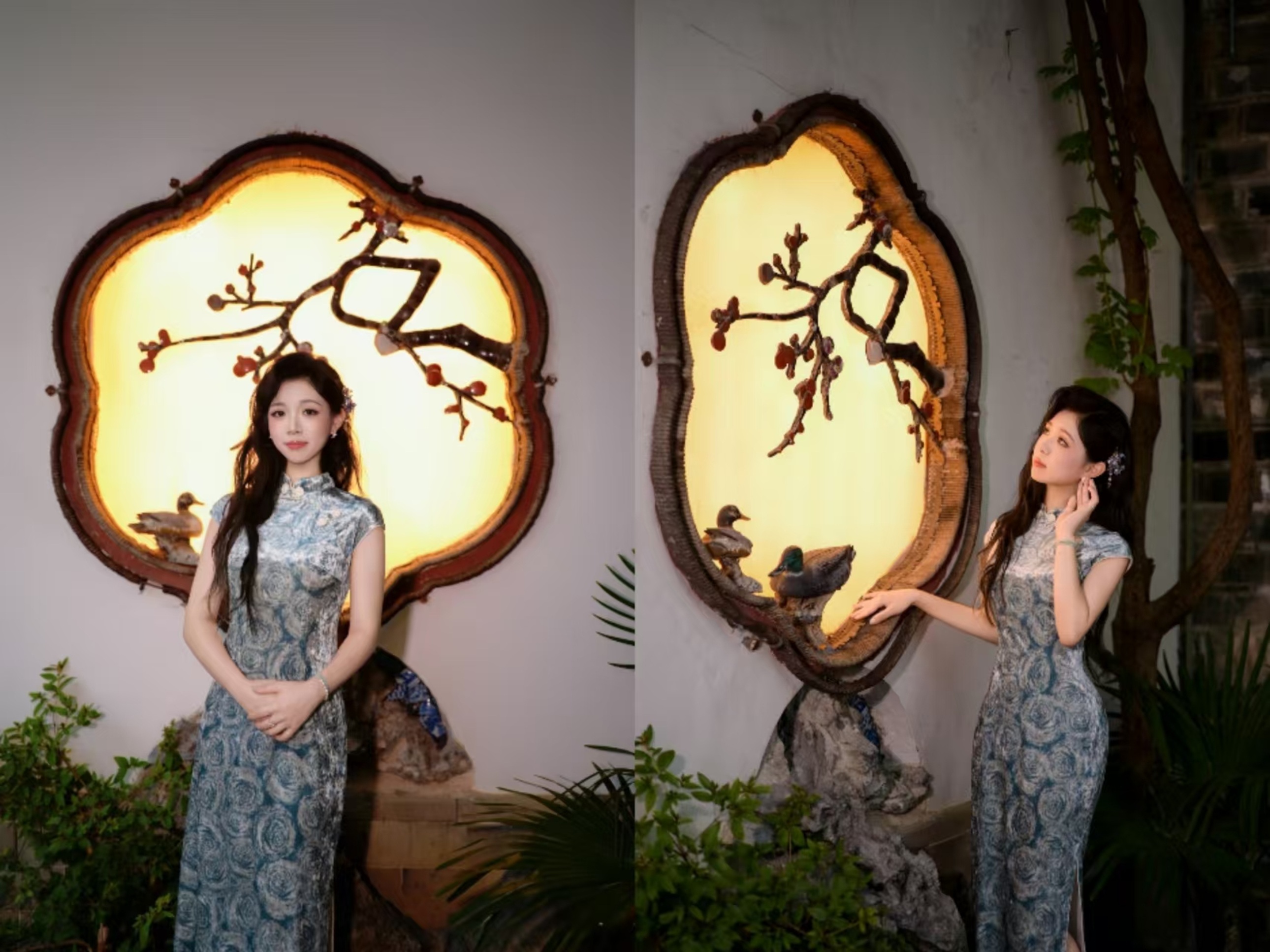 在梅花造型的燈景前,暖黃光暈襯出東方少女的溫婉恬靜 在梅花造型的燈景前,暖黃光暈襯出東方少女的溫婉恬靜