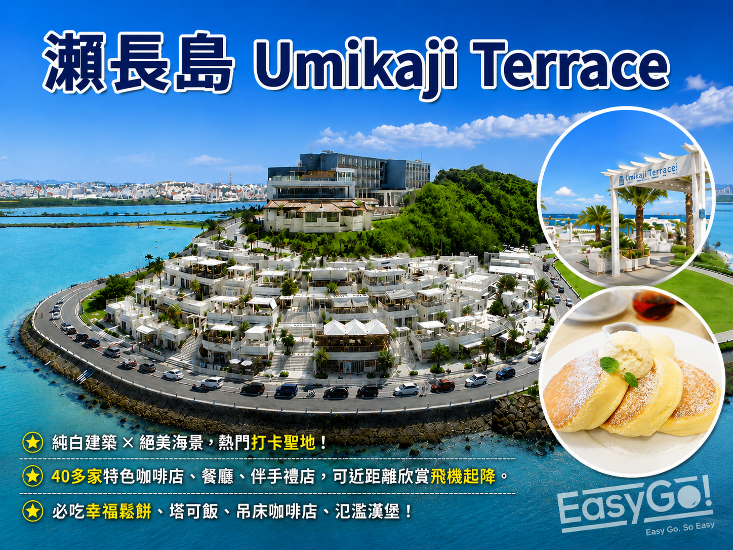 【瀨長島Umikaji Terrace】 停留約1小 - 純白建築配絕美海景，是近年來爆紅的沖繩小希臘，小紅書、IG打卡拍攝聖地。除了可近距離欣賞飛機起飛降路，更彙集了40多家特色咖啡店、餐飲店、伴手禮店。超人氣的「幸福鬆餅」、「塔可飯」、「吊床咖啡店」、「氾濫漢堡」都在這裡，伴手禮店「47STORE」外面還可以免費泡足湯。
