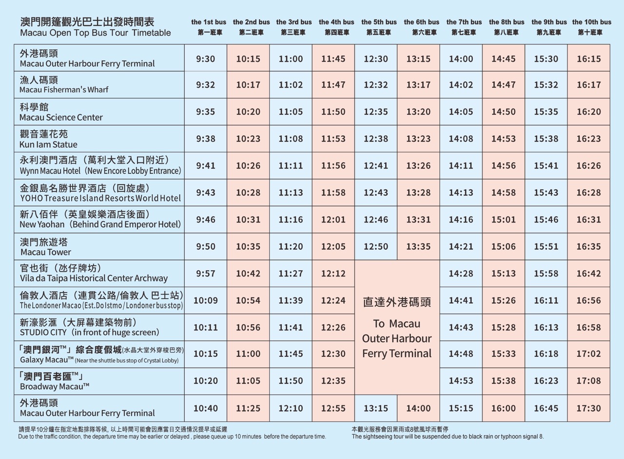 澳門隨上隨下觀光巴士之旅（敞篷）