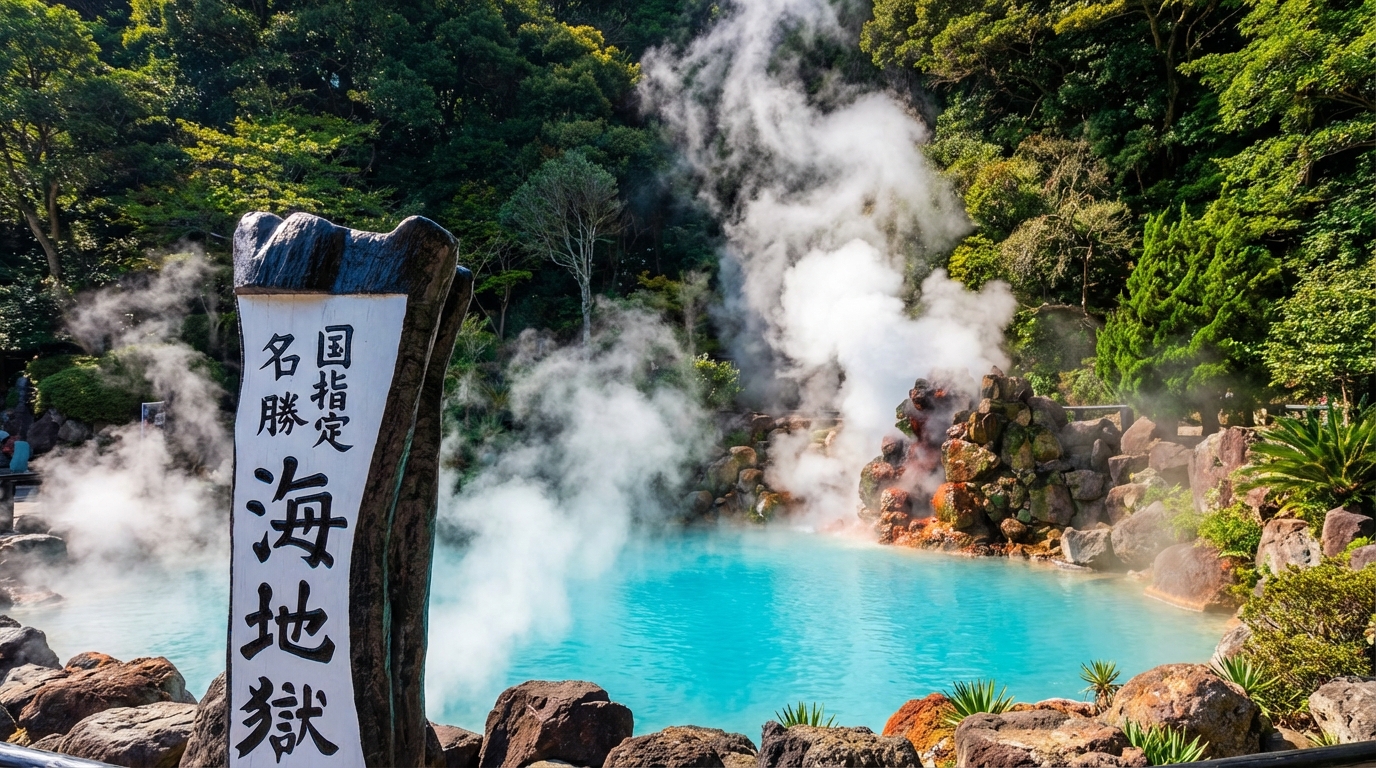 別府「海地獄」泉水含硫酸鐵呈現夢幻鈷藍色，宛如藍寶石，蒸汽繚繞，神秘奇幻，堪稱別府溫泉文化的象徵