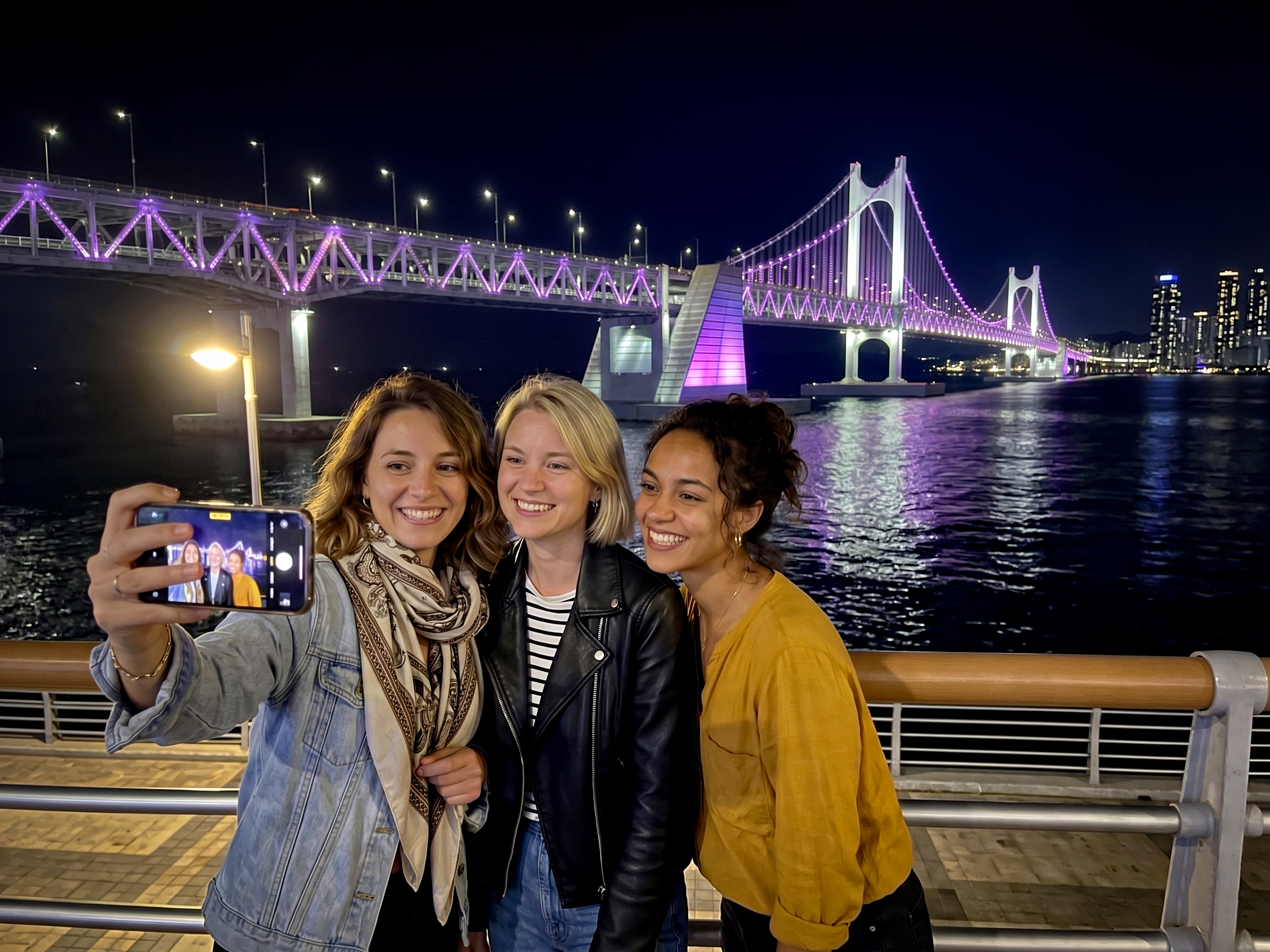 在廣安裡欣賞璀璨的鑽石大橋全景夜色。