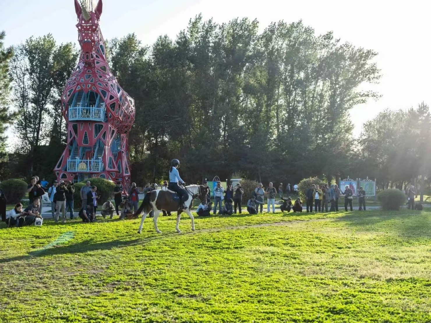騎馬馳騁於綠意盎然的草地,周圍有獨特藝術裝置,充滿樂趣與風情 騎馬馳騁於綠意盎然的草地,周圍有獨特藝術裝置,充滿樂趣與風情