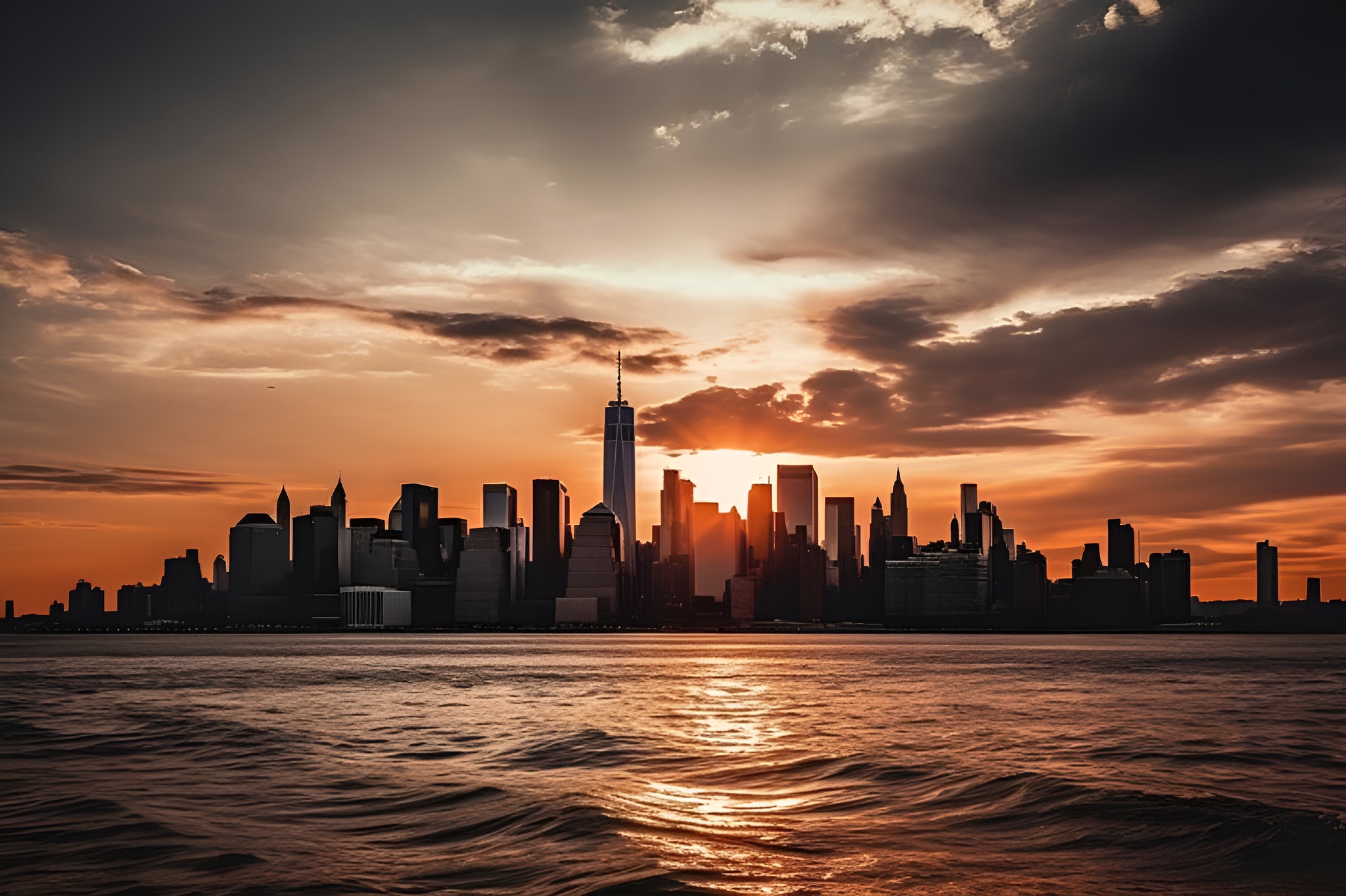 在夕陽餘暉的溫暖照耀下，欣賞紐約市天際線的壯麗景色