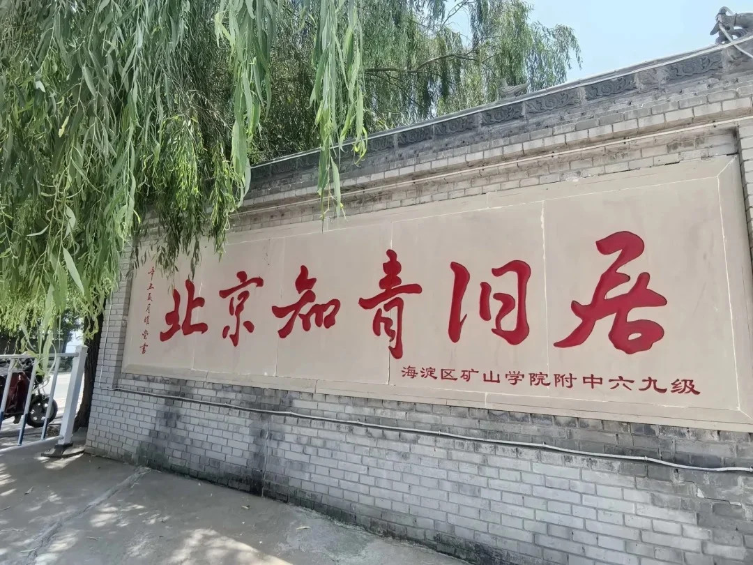 青磚照壁上鐫刻 “北京知青舊居” 紅色大字，垂柳依依掩映牆面，鐫刻著一代知青歲月記憶，是回望知青歷史的人文打卡點位