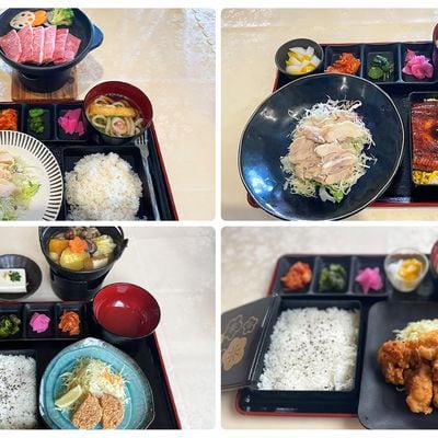 餐廳:金富士,午餐推薦(從左到右,從上到下,依次):和牛方案;鰻魚方案,素食方案,雞塊方案。 餐廳:金富士,午餐推薦(從左到右,從上到下,依次):和牛方案;鰻魚方案,素食方案,雞塊方案。