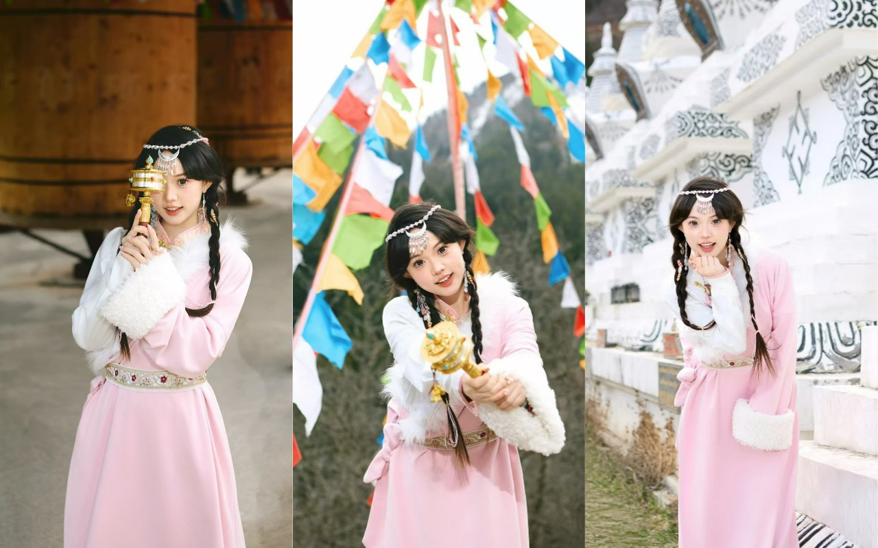 女子頭戴銀飾，手持轉經筒，在經幡、白塔旁，以不同姿態展現藏族文化韻味，背景的經幡與白塔增添了濃郁的宗教和民族氛圍