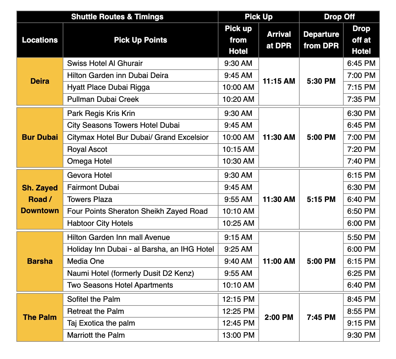 Shuttle Route & Timings
