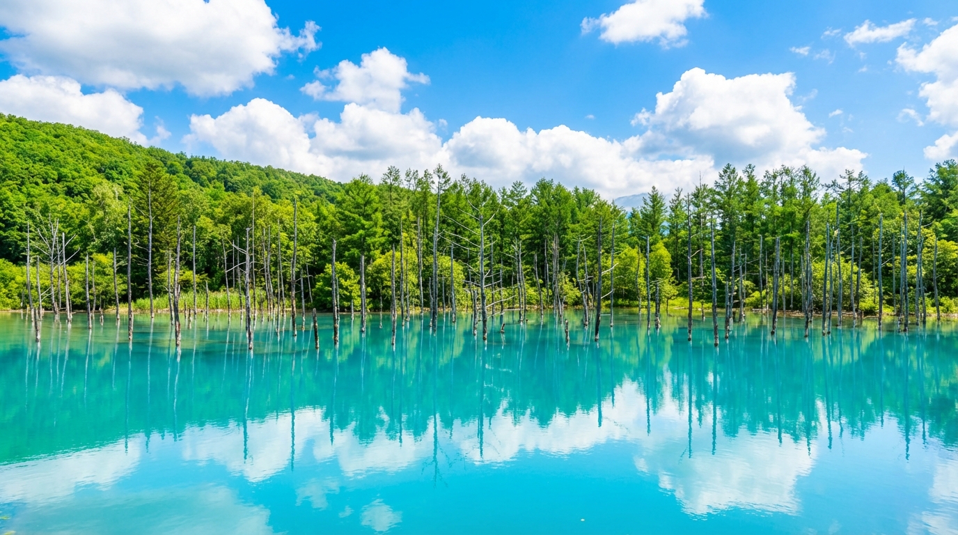 白金青池,1988年十勝嶽火山防災堰堤形成的人工池,青池的水標誌性青藍色,枯木落葉松是經典畫面,曾入選蘋果系統壁紙。 白金青池,1988年十勝嶽火山防災堰堤形成的人工池,青池的水標誌性青藍色,枯木落葉松是經典畫面,曾入選蘋果系統壁紙。