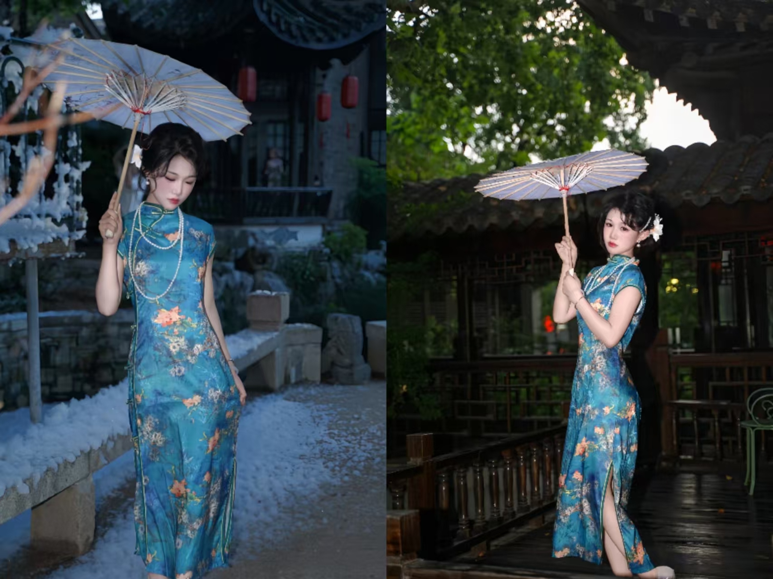藍底繁花旗袍在兩種意境裡流轉:左側是飄雪的古巷,油紙傘下美人垂眸 藍底繁花旗袍在兩種意境裡流轉:左側是飄雪的古巷,油紙傘下美人垂眸