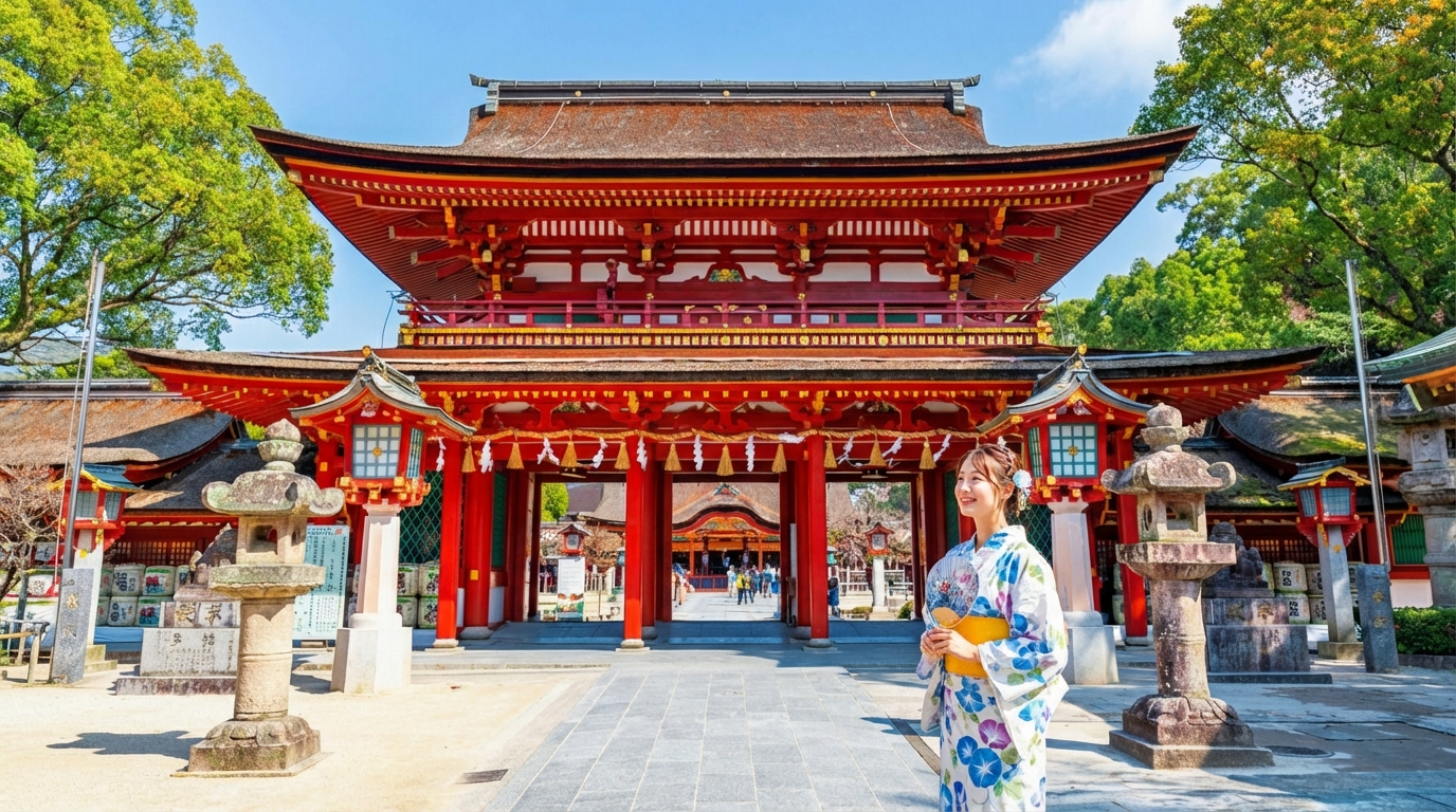 The aroma of ume ga mochi (plum blossom rice cakes) fills the path on both sides. After crossing the Taiko Bridge, the red shadow of the bridge is reflected on the water's surface. This place is dedicated to the "God of Learning," and many Japanese studen