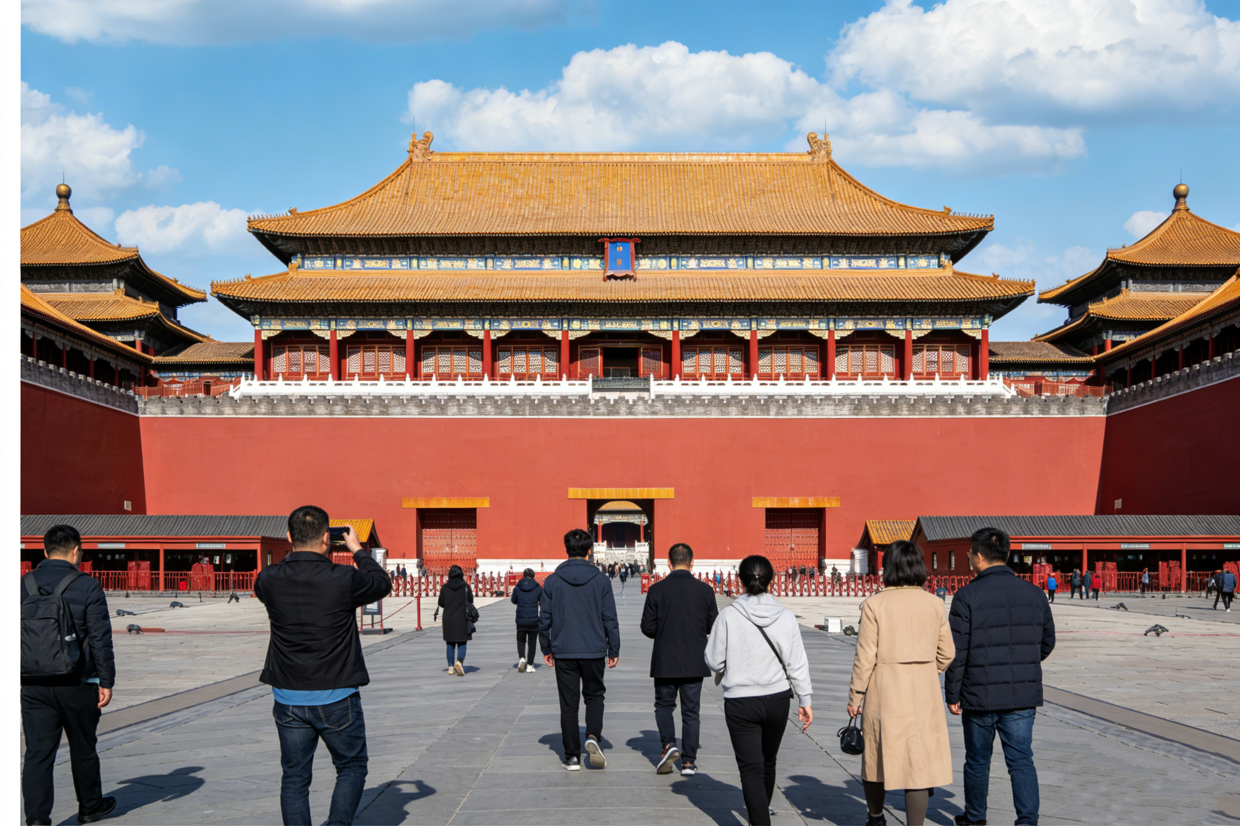 在天安門廣場的遊覽告一段落後，您將繼續跟隨導遊前行。接下來，您會悠然途經雄偉壯麗的天安門城樓，那紅牆黃瓦、巍峨的城樓，彰顯著昔日皇家的威嚴與莊重。隨後，端門也將映入您的眼簾，它靜靜佇立，宛如一位沉默的歷史見證者，連接著過去與現在。緊接著，您將懷著期待的心情，來到氣勢恢宏的午門。午門是故宮的南大門，其高大的城臺和飛簷翹角的城樓，盡顯皇家宮殿的雄偉氣派。當您從這宏偉的午門踏入故宮，彷彿瞬間穿越時空，走進了明清兩代的皇家世界，一段探尋古老宮廷文化與歷史奧秘的奇妙之旅即將拉開帷幕。