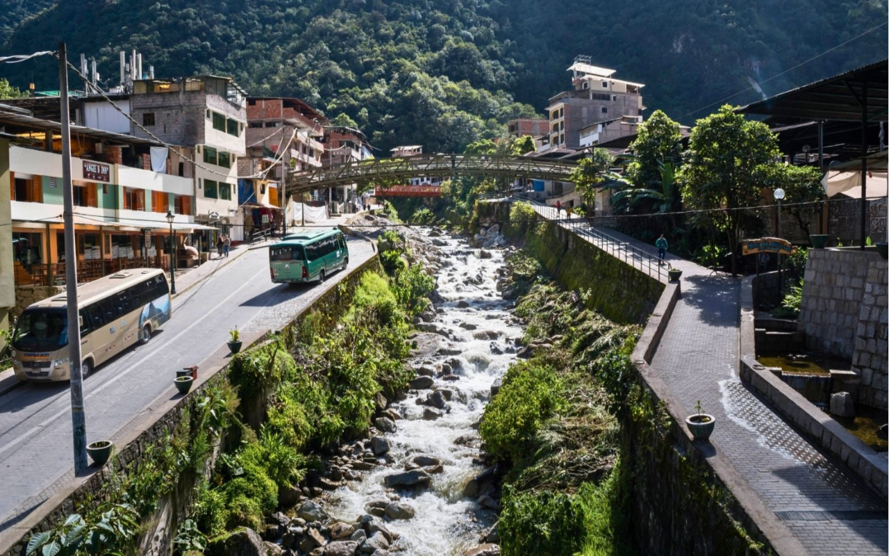 Explore the stunning aerial view of Aguas Calientes, the charming gateway to Machu Picchu