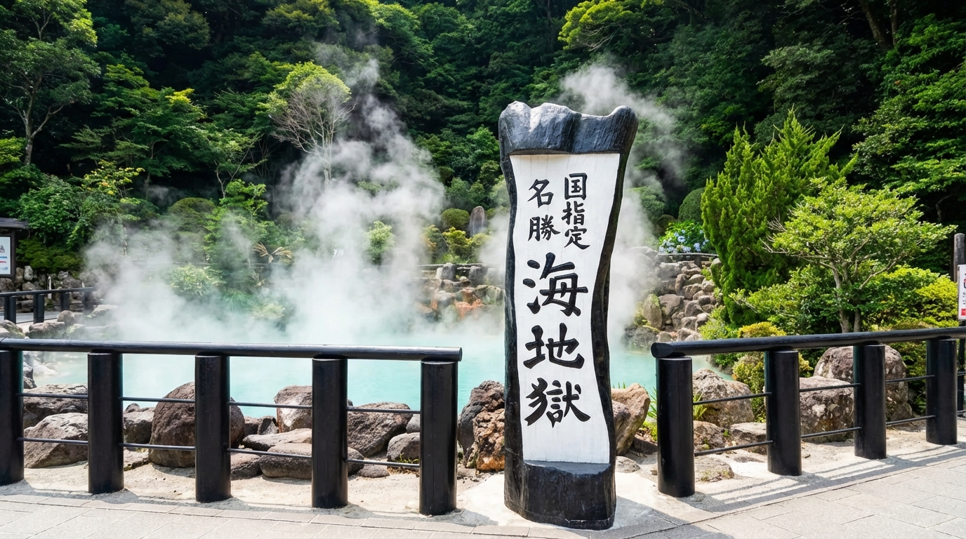 海地獄（日本國家指定名勝）：八大地獄中最大的一個，因水質富含硫酸鐵質，池水呈湛藍色，溫度高達98℃。