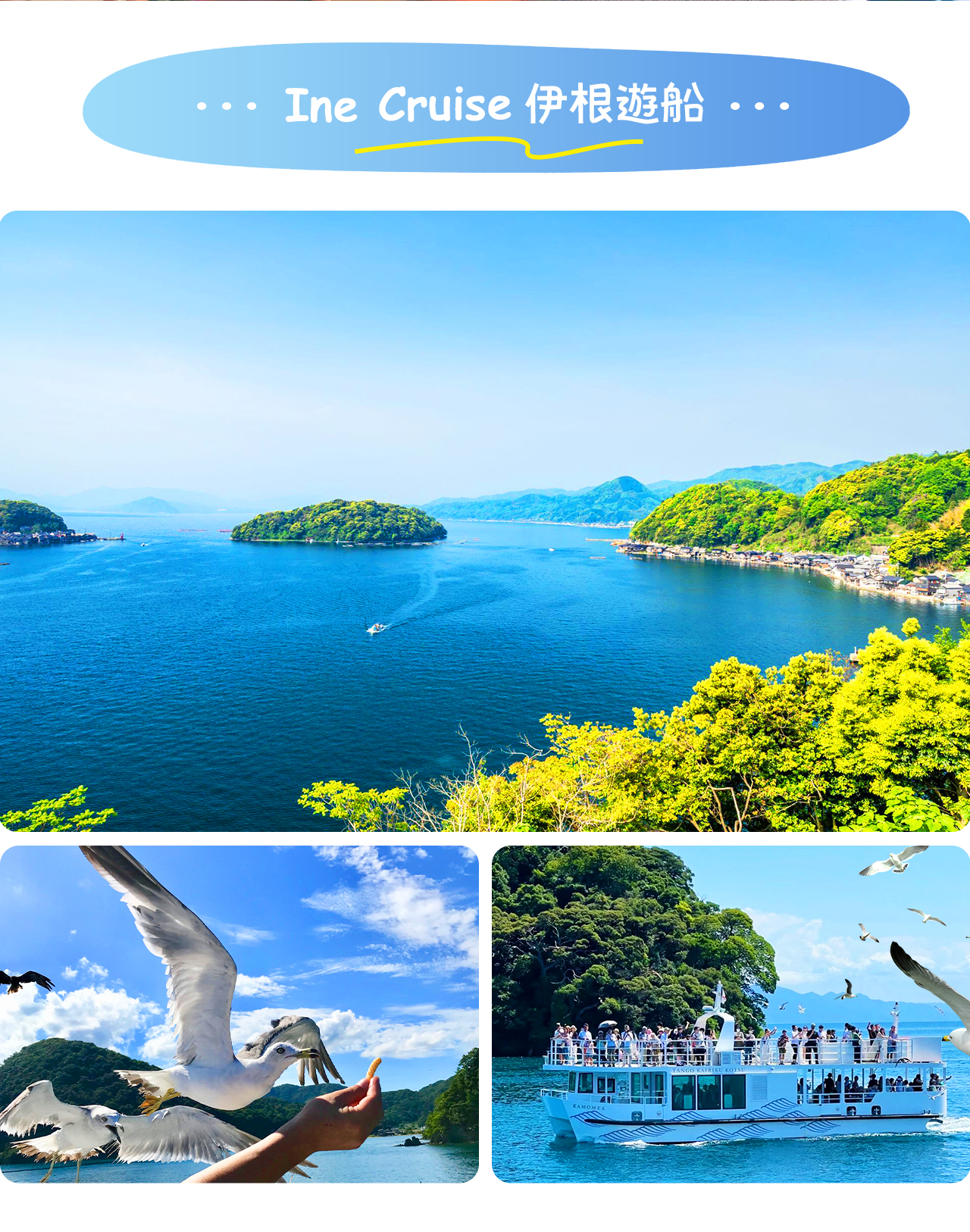 伊根遊船帶您沿海峽緩緩巡遊，近距離欣賞傳統舟屋與碧海交織的漁村風光