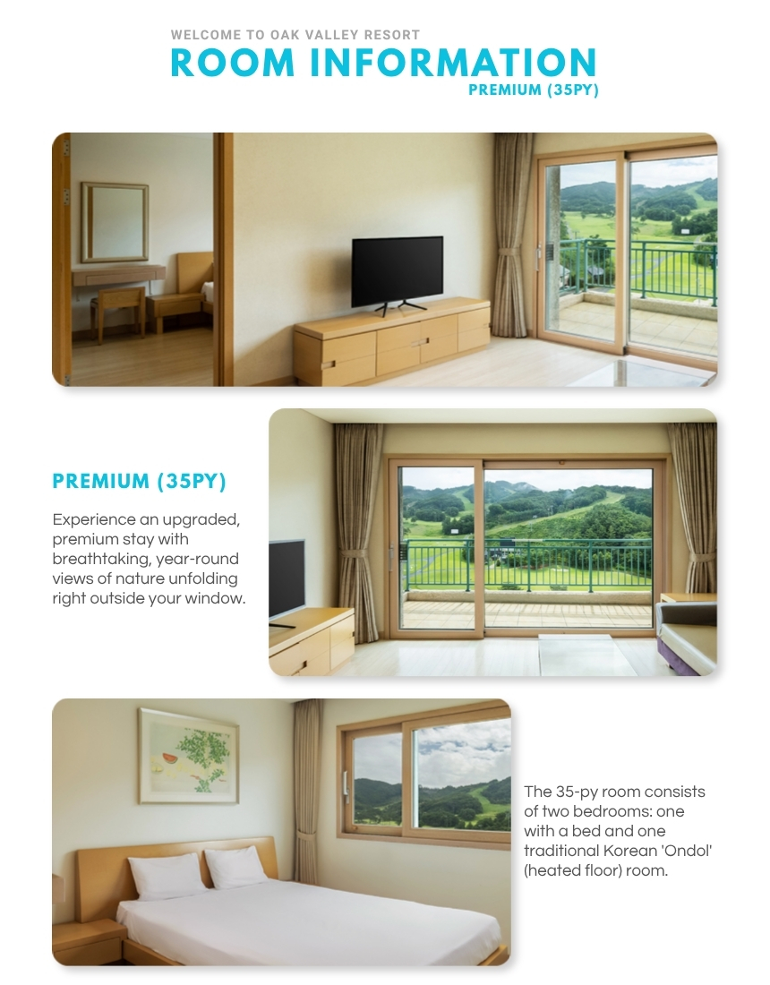 Oak Valley Premium 35PY — 兩臥室(帶床和韓式地暖),陽臺可欣賞自然風光,適合家庭雙板滑雪之旅。 Oak Valley Premium 35PY — 兩臥室(帶床和韓式地暖),陽臺可欣賞自然風光,適合家庭雙板滑雪之旅。