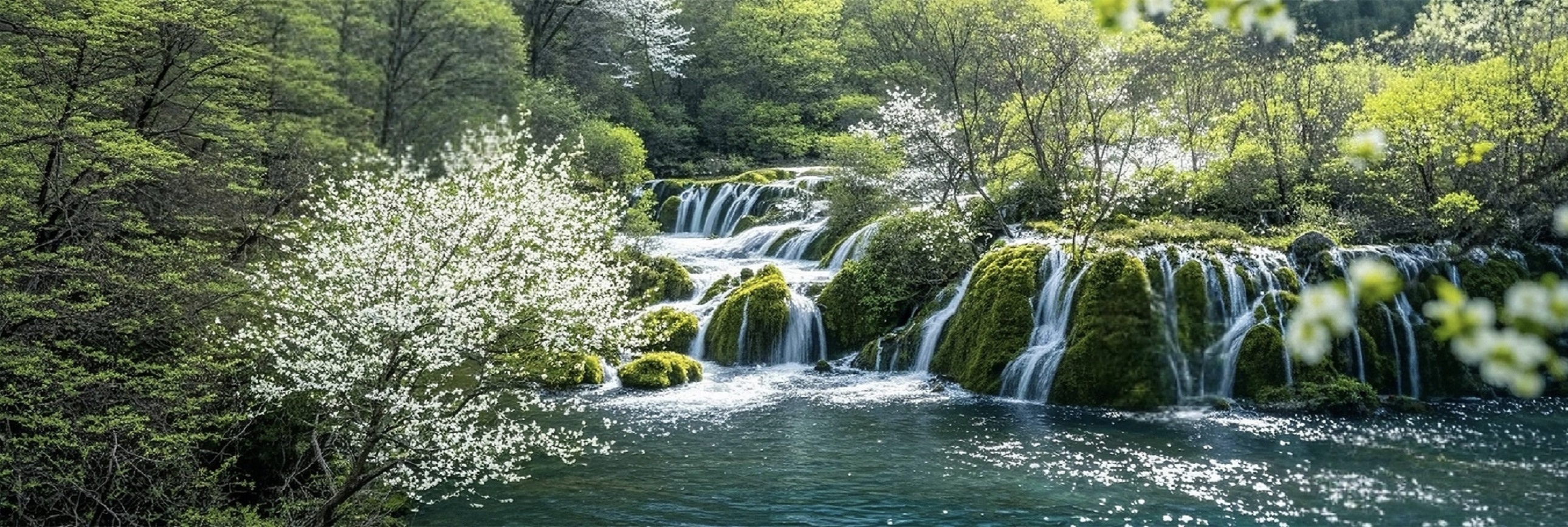 溪流繞著綠植流淌，水花與青苔相映，滿是生機。岸邊繁花綴枝，與澄澈溪水相融，像藏在林間的秘境，清新又雅緻