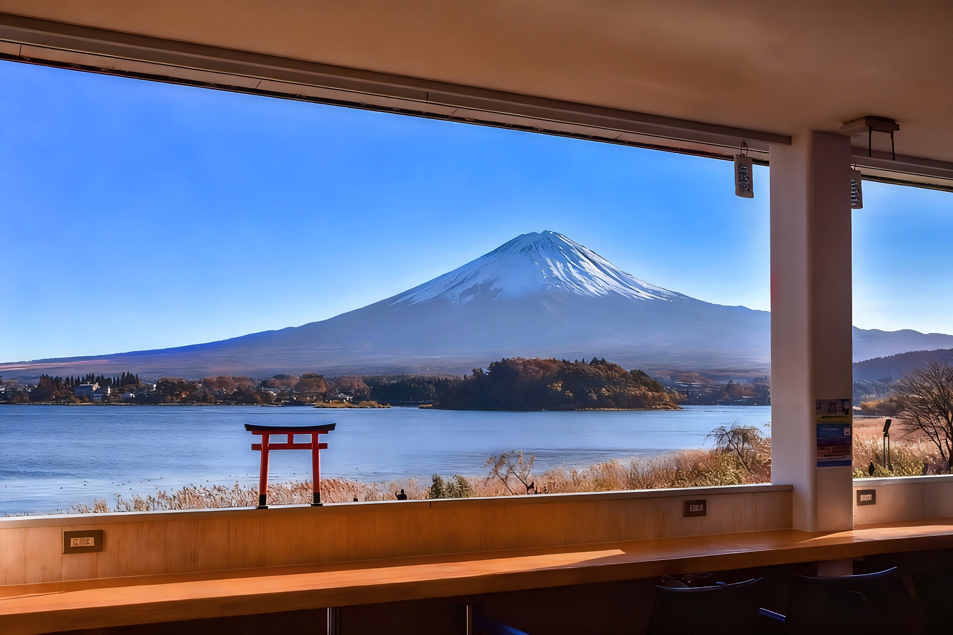在河口湖自然生活館二樓，欣賞富士山美景~