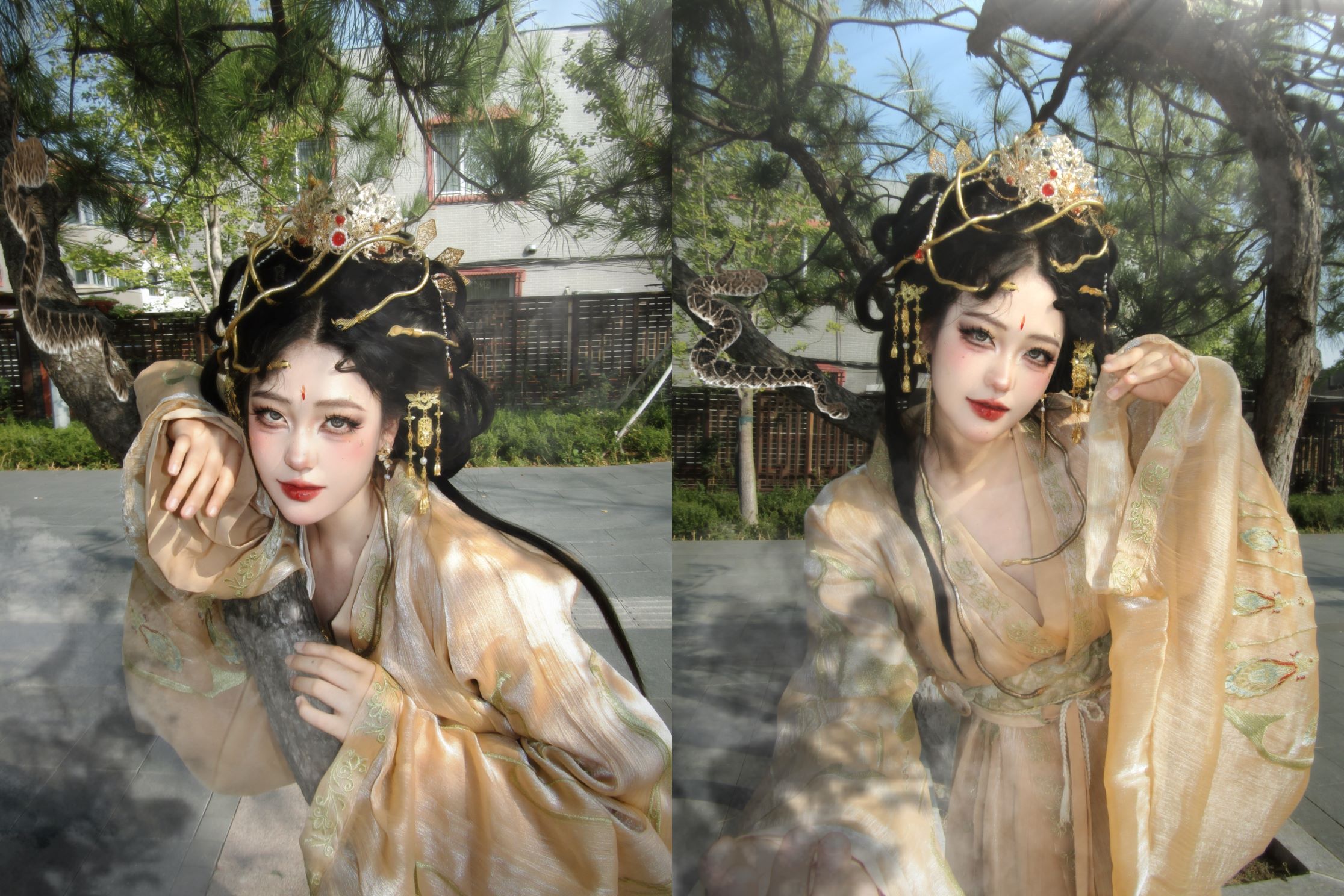 化妝師更像「造夢師」，會根據你的臉型調整眉形，用珠釵、步搖、絨花打造適配的髮型，連耳墜、瓔珞的搭配都恰到好處，坐鏡前是普通人，起身瞬間就成了從史書裡走出來的人物