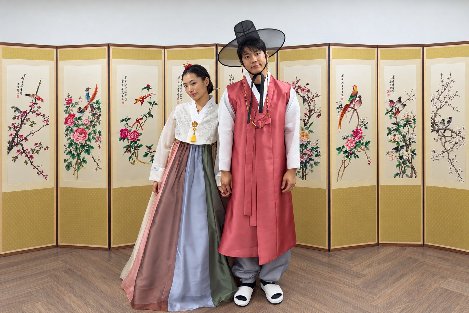 Enjoy a couple hanbok experience with colors selected to suit each person.