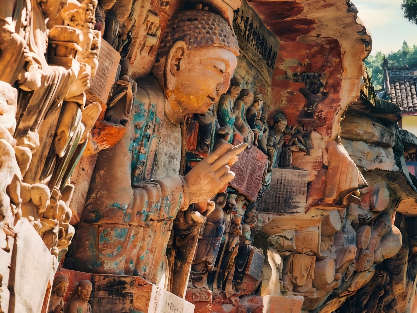 北山石刻：北山摩崖造像始刻於唐末，至南宋結束。以大佛灣為中心，遍及其四周的觀音坡、營盤坡、佛耳巖、北塔寺共五處。長達 500 多米。巖高約 7 米，沿崖造，從南到北形狀若新月，龕窟如蜂房