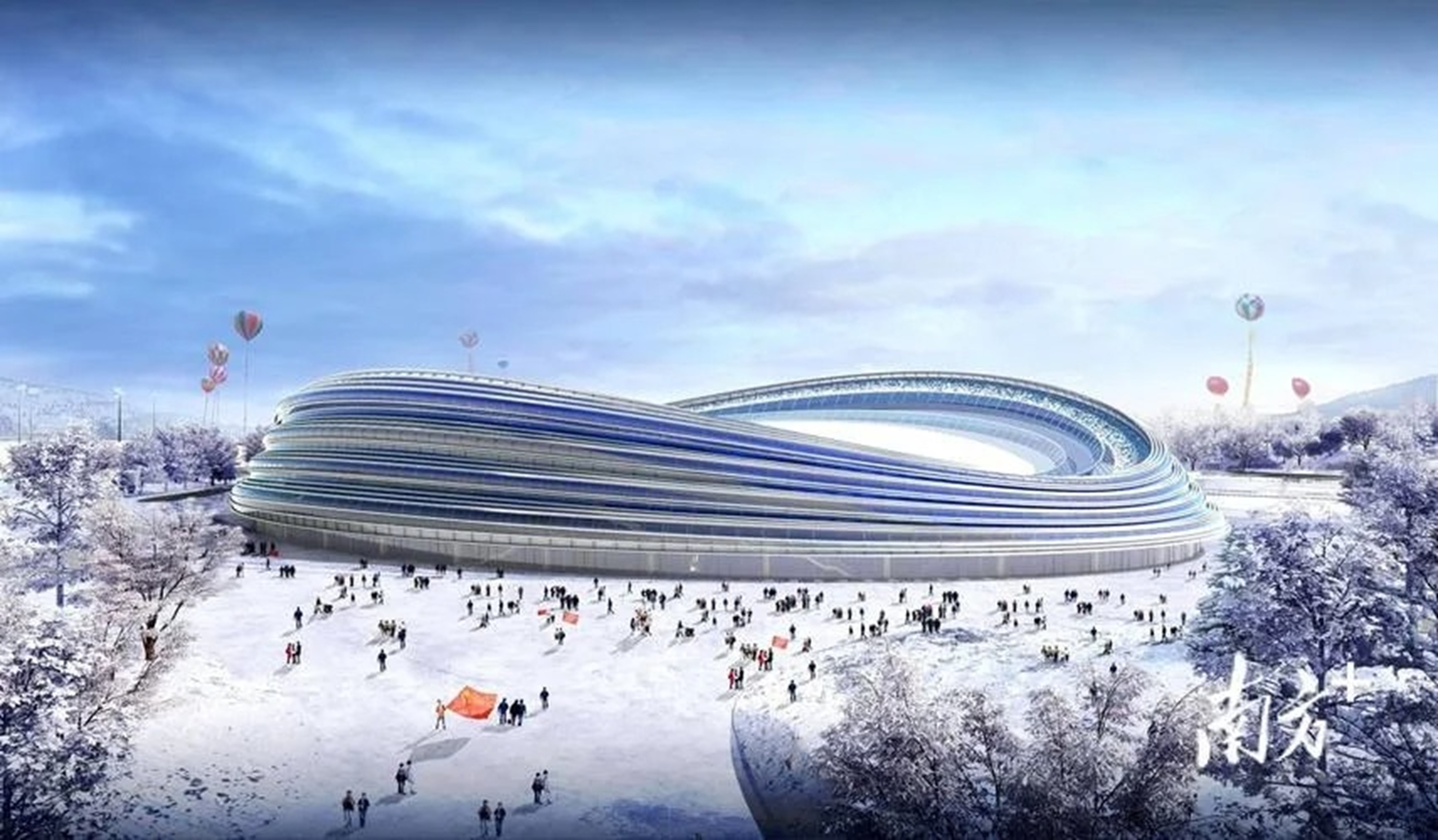 外觀國家速滑館——冰絲帶外景，2022年北京冬奧會北京主賽區標誌性場館，擁有亞洲最大的全冰面設計，冰面面積達 1.2 萬平方米。"冰絲帶"的設計理念來自一個 冰和速度結合的創意，22條絲帶就像運動員滑過的痕跡，象徵速度和激情