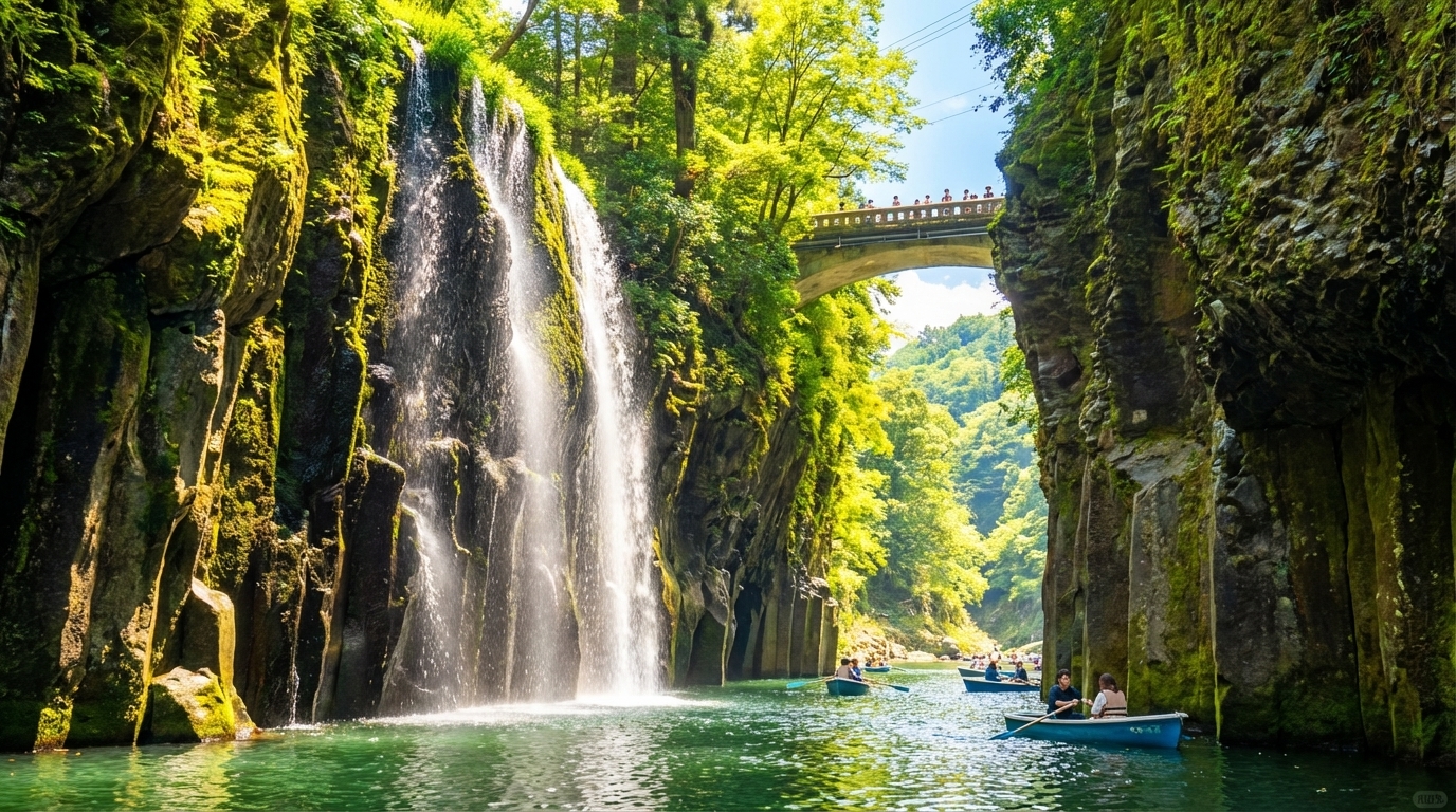 作為高千穗峽的象徵,真名井瀑布落差17米,被列為"日本瀑布百選"之一。水流從柱狀節理斷崖傾瀉而下,與周圍景觀融為一體,從特定角度觀賞,水勢被比喻為優美的白蛇。 作為高千穗峽的象徵,真名井瀑布落差17米,被列為"日本瀑布百選"之一。水流從柱狀節理斷崖傾瀉而下,與周圍景觀融為一體,從特定角度觀賞,水勢被比喻為優美的白蛇。