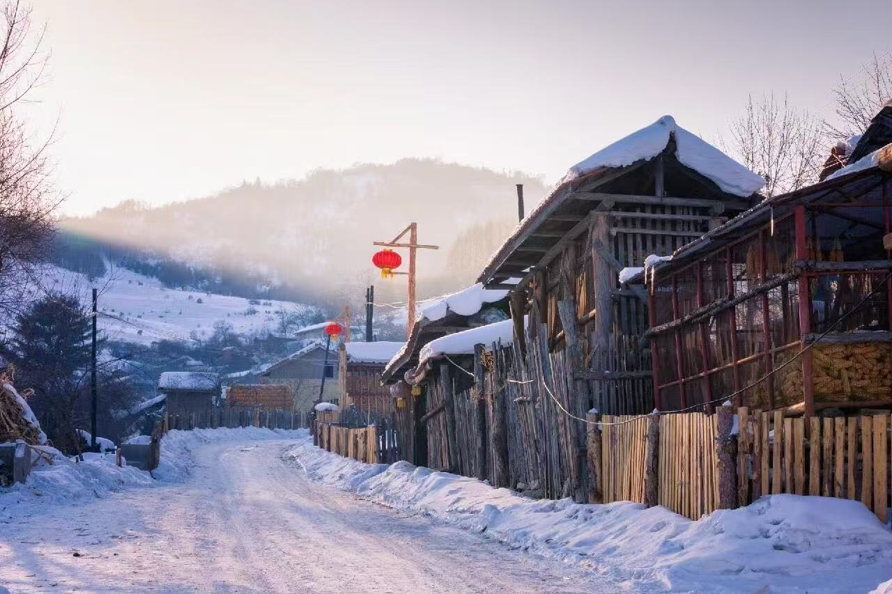 清晨柔光灑落古樸雪村，鄉間小路鋪滿積雪，老式木柵欄與原木老屋錯落排布。紅燈籠沿路點綴，玉米掛在木架上，遠處群山蒙著淺淺薄霧，還原出質樸原始的東北林區冬日村落風貌