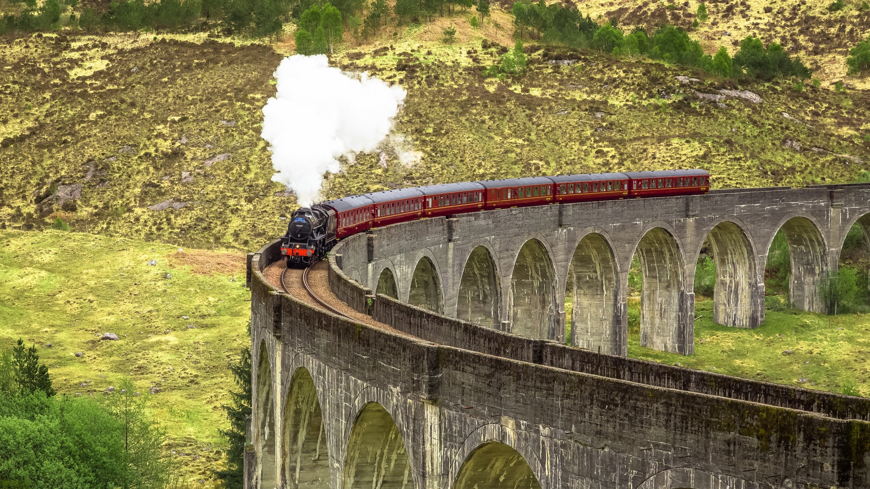 一列蒸汽火車駛過風景優美的鐵路高架橋，就像《哈利波特》電影中的霍格華茲特快車一樣。