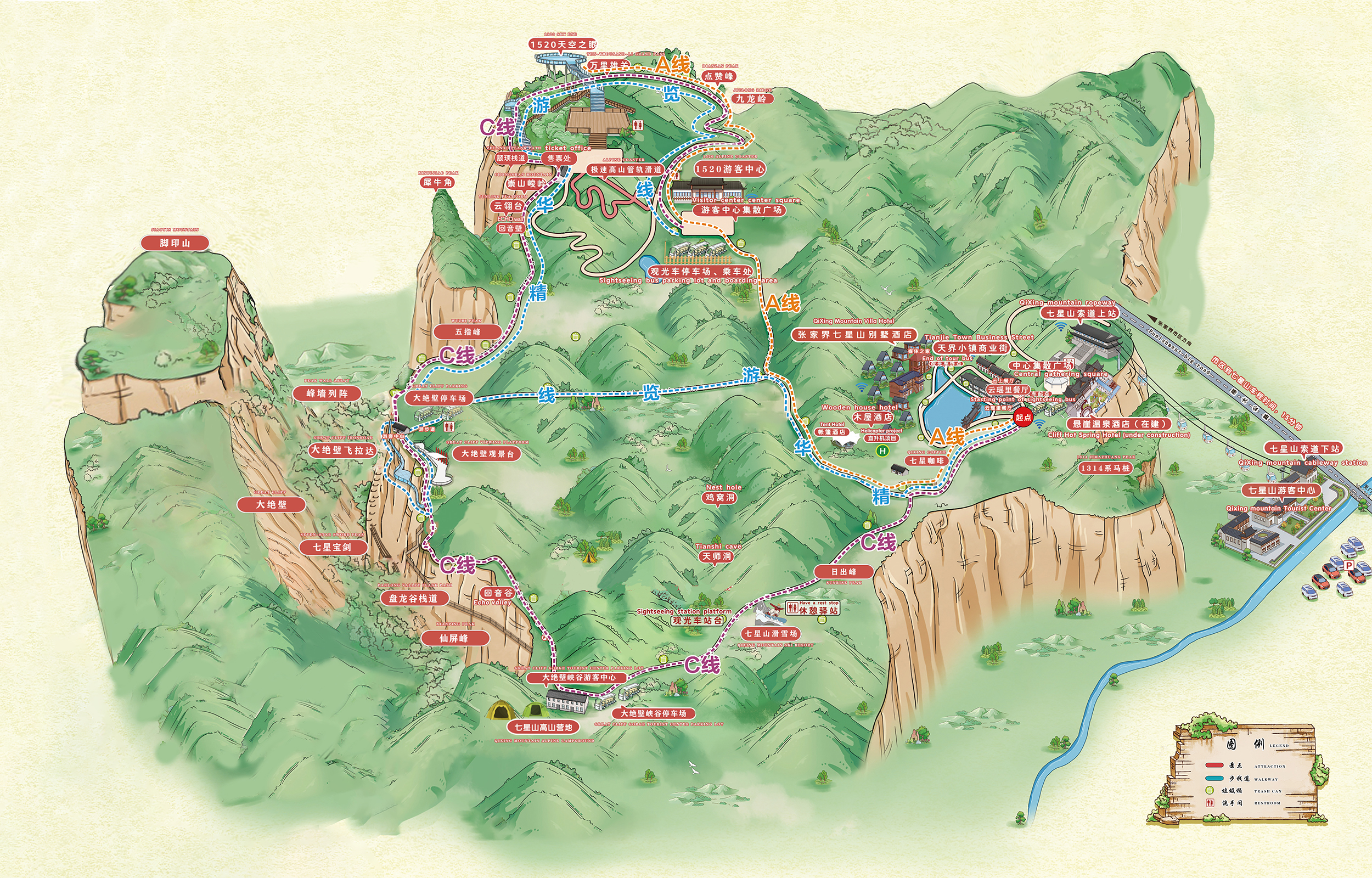 七星山導覽圖:景點標識用紅色標籤清晰標註了各類核心景點與設施,懸崖玻璃棧道、飛拉達探險、管軌滑道、帳篷度假聚落,還有遊客中心、觀景臺、餐飲住宿區等配套點位,每個名稱都一目瞭然。遊覽路線用不同顏色的線條(藍、紅等)標示出步行道與車行路線,從右側的入口(停車場、遊客中心)到山頂各景點的路徑清晰規劃,方便遊客梳理遊覽順序。右下角配有圖例說明,標註了衛生間、餐飲、住宿、觀景臺等設施的圖標。可以讓遊客快速掌握景區整體佈局、核心點位與通行路線,是規劃行程、沉浸式感受景區風貌的直觀工具。 七星山導覽圖:景點標識用紅色標籤清晰標註了各類核心景點與設施,懸崖玻璃棧道、飛拉達探險、管軌滑道、帳篷度假聚落,還有遊客中心、觀景臺、餐飲住宿區等配套點位,每個名稱都一目瞭然。遊覽路線用不同顏色的線條(藍、紅等)標示出步行道與車行路線,從右側的入口(停車場、遊客中心)到山頂各景點的路徑清晰規劃,方便遊客梳理遊覽順序。右下角配有圖例說明,標註了衛生間、餐飲、住宿、觀景臺等設施的圖標。可以讓遊客快速掌握景區整體佈局、核心點位與通行路線,是規劃行程、沉浸式感受景區風貌的直觀工具。