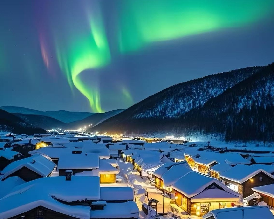 幽藍夜空浮動炫彩極光，木屋厚雪皚皚。屋內暖燈點點，雪山環抱村莊，綠光漫過山林，夢幻又治癒，宛若秘境