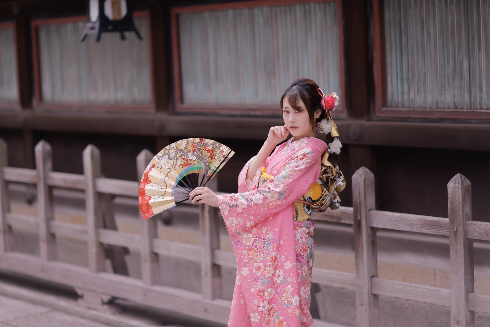 在古色古香的街道上,粉色振袖自然融入的一天 在古色古香的街道上,粉色振袖自然融入的一天