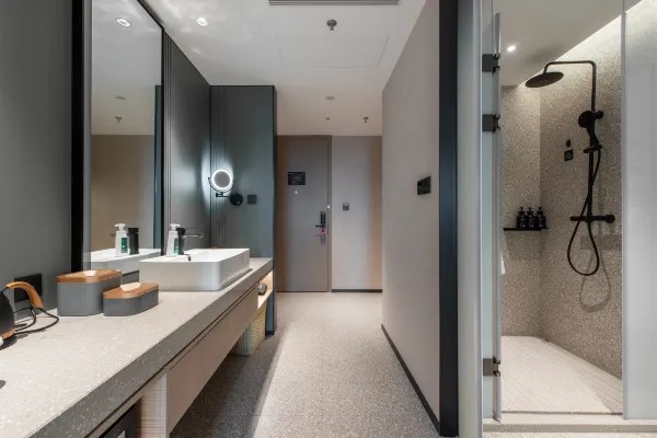 Hotel guest room bathing area environment display map